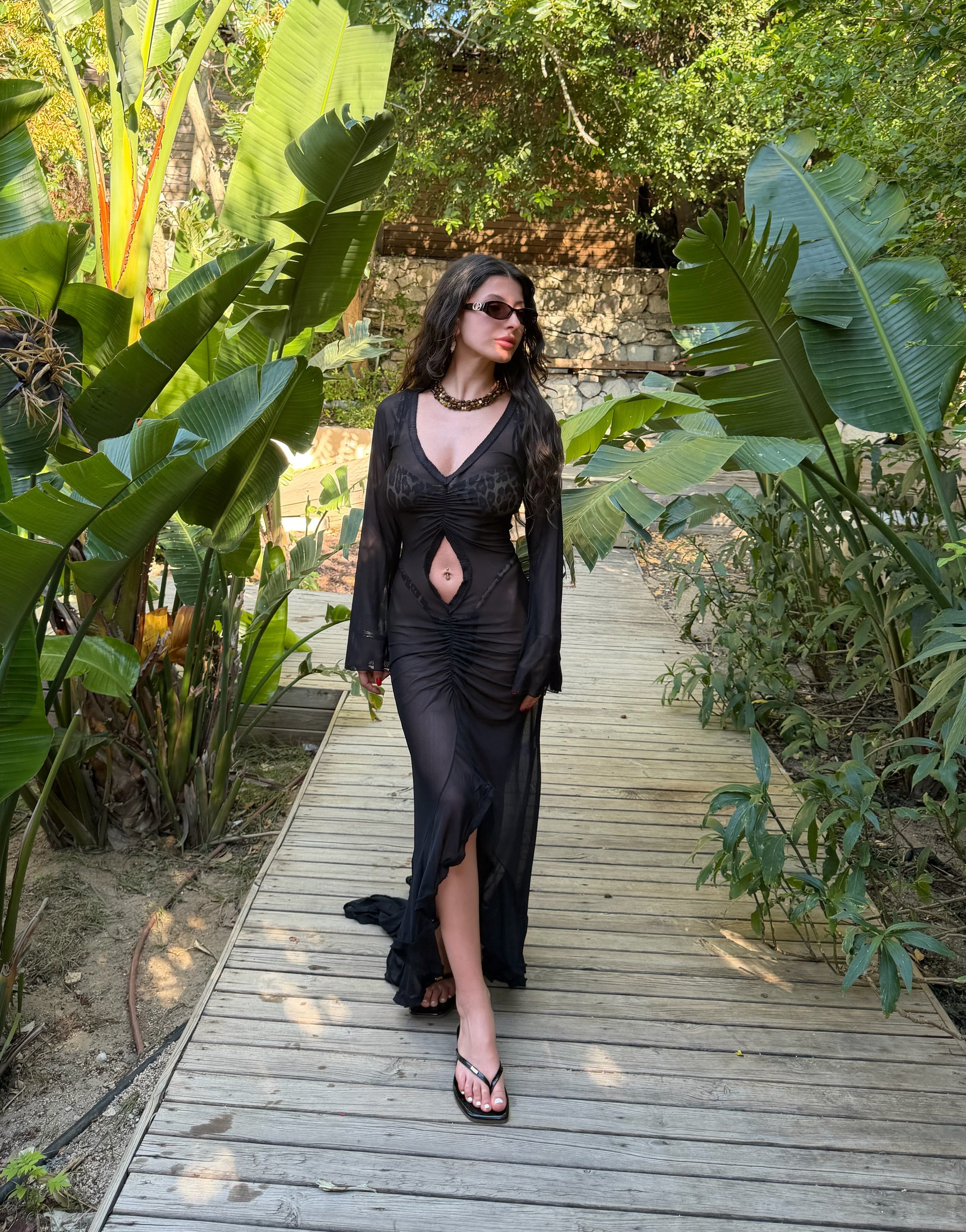Black transparan kesim maxi beachwear elbise