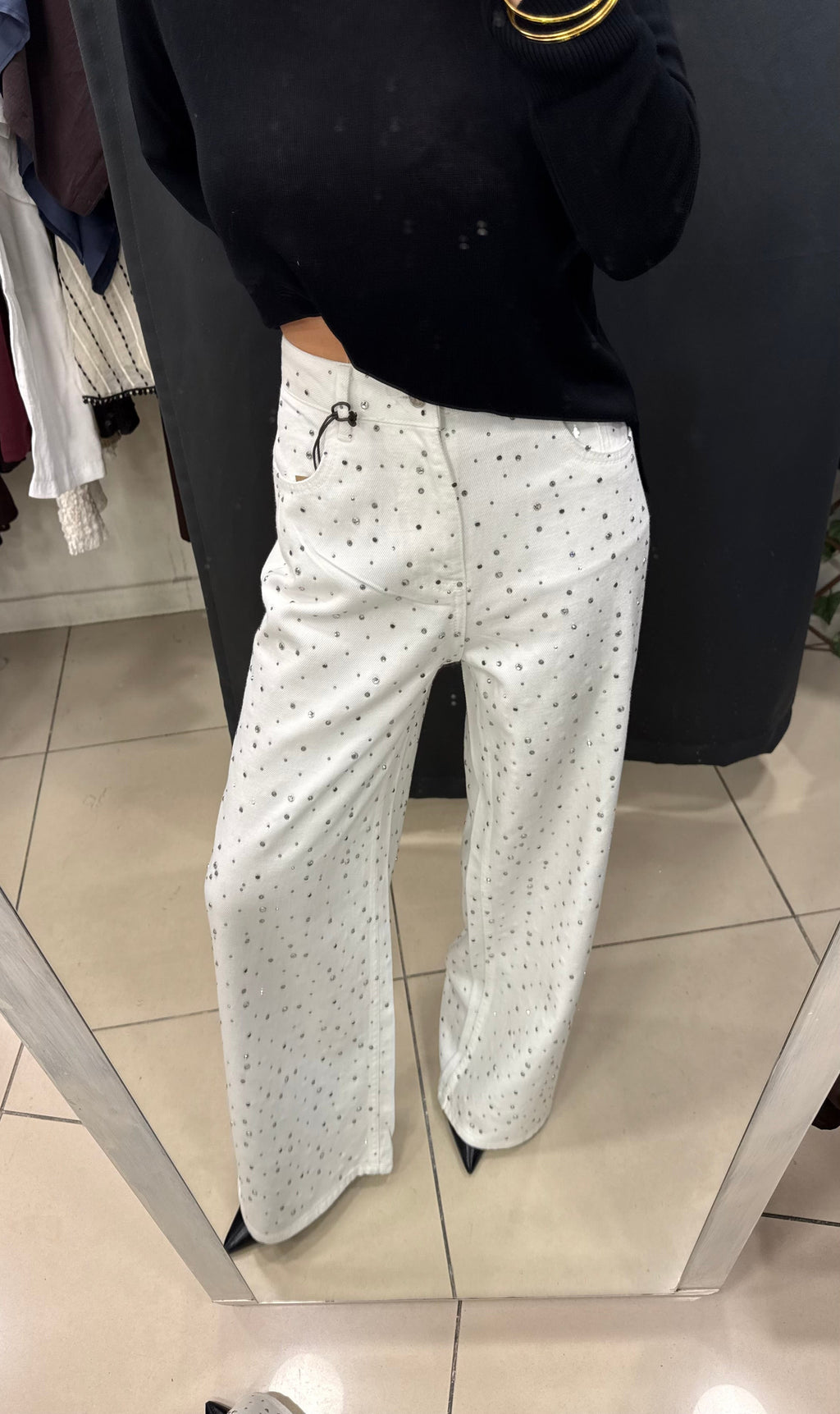 Taşlı beyaz tensel jean