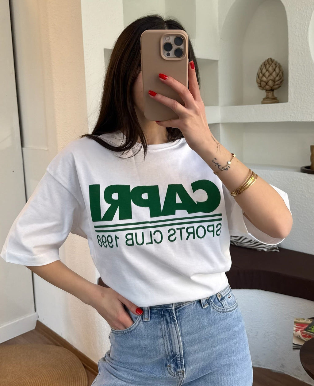 Yeşil capri baskılı tişört
