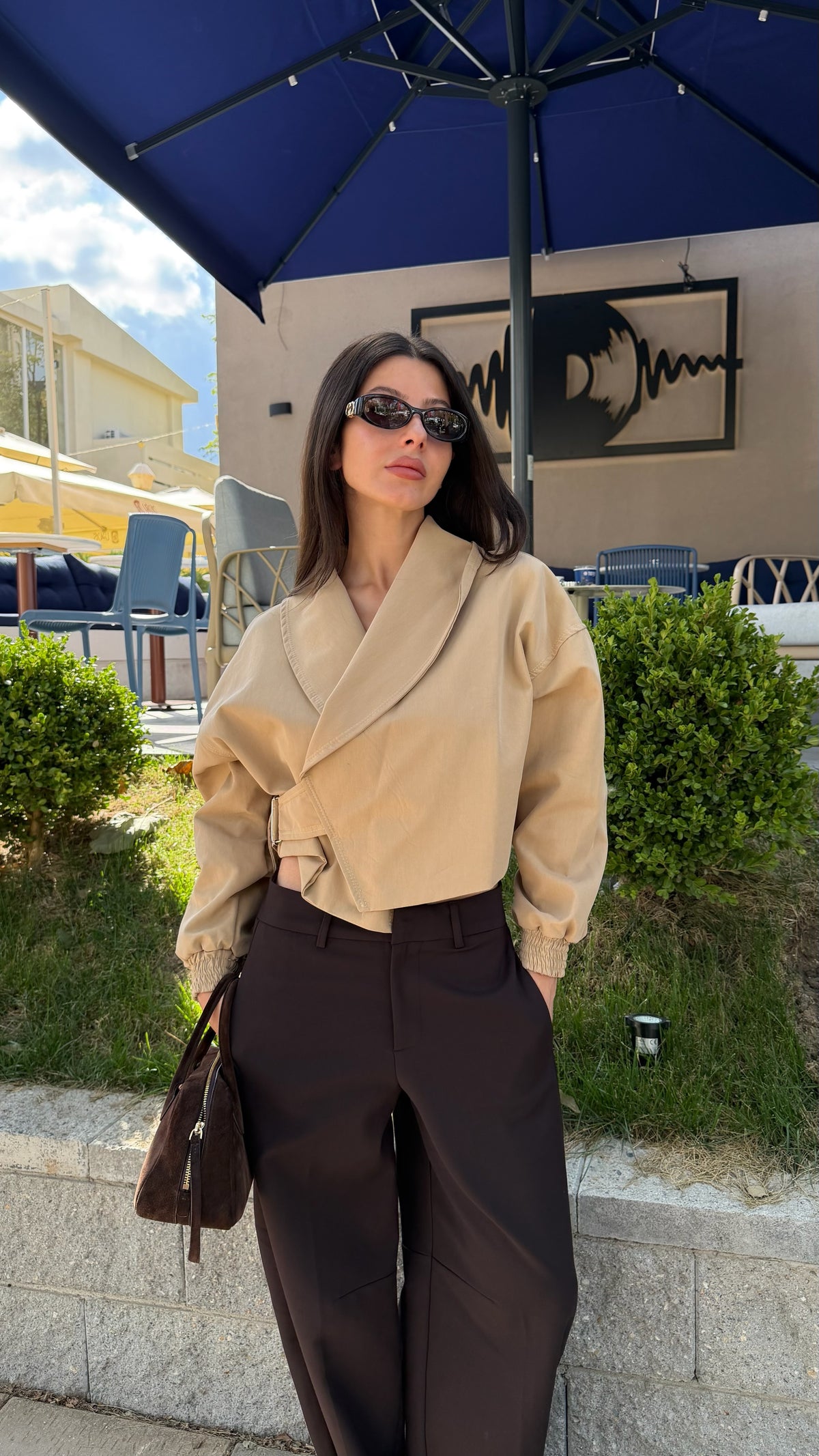 Kruvaze crop trenç ceket-camel