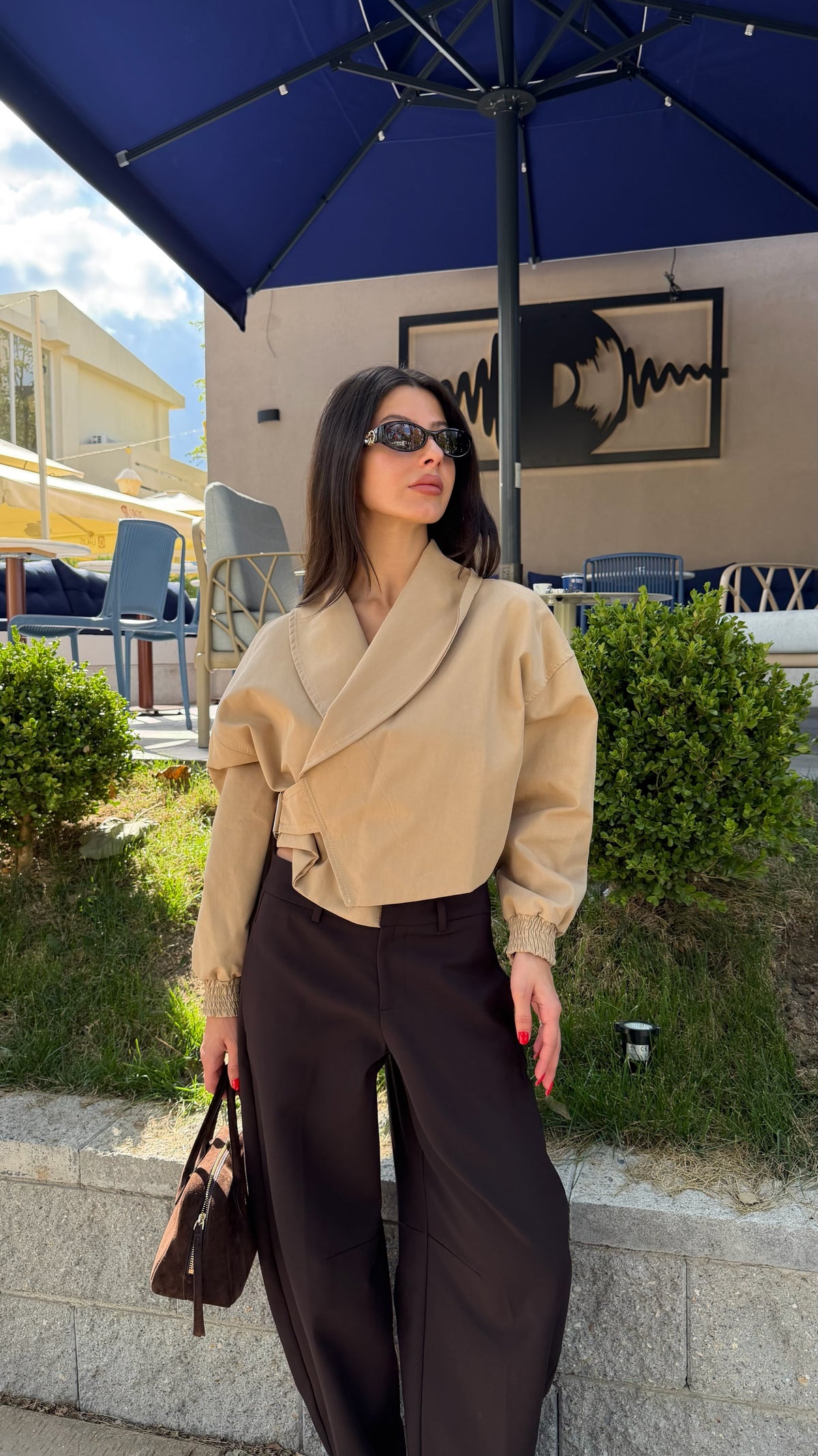 Kruvaze crop trenç ceket-camel