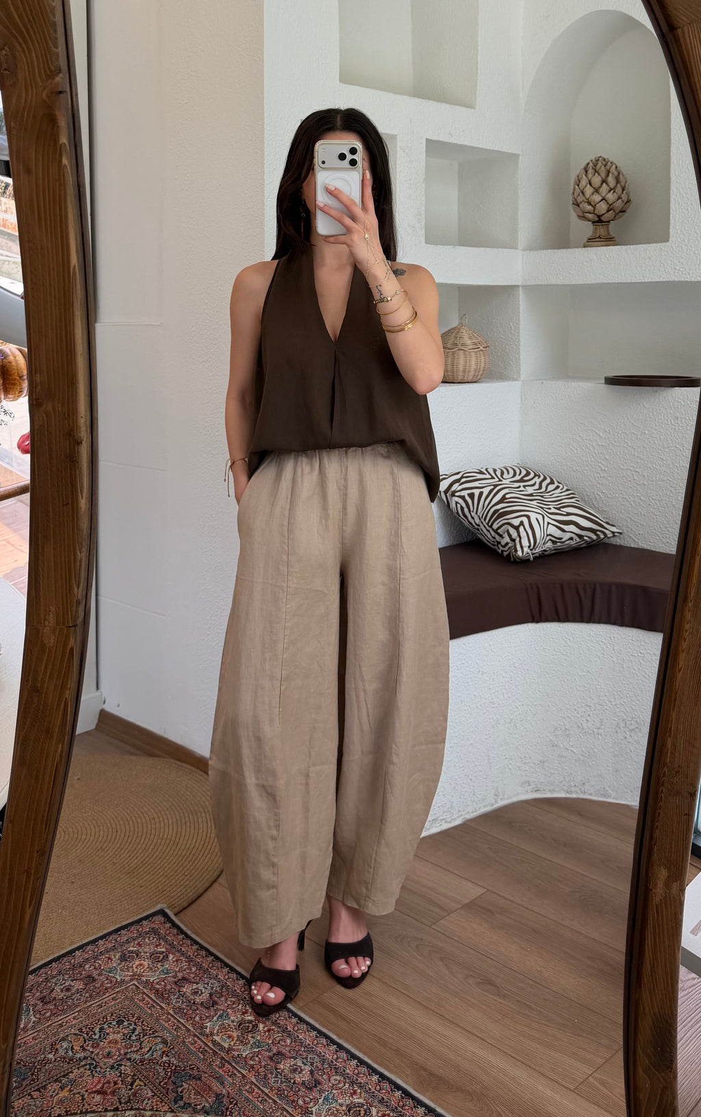 %100 keten barrel-leg pantolon-bej