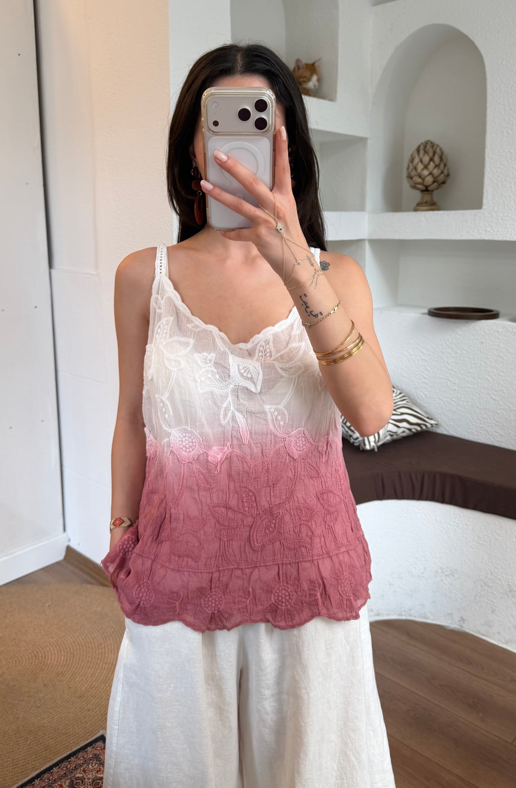 İthal desenli sıçratma pembe bluz