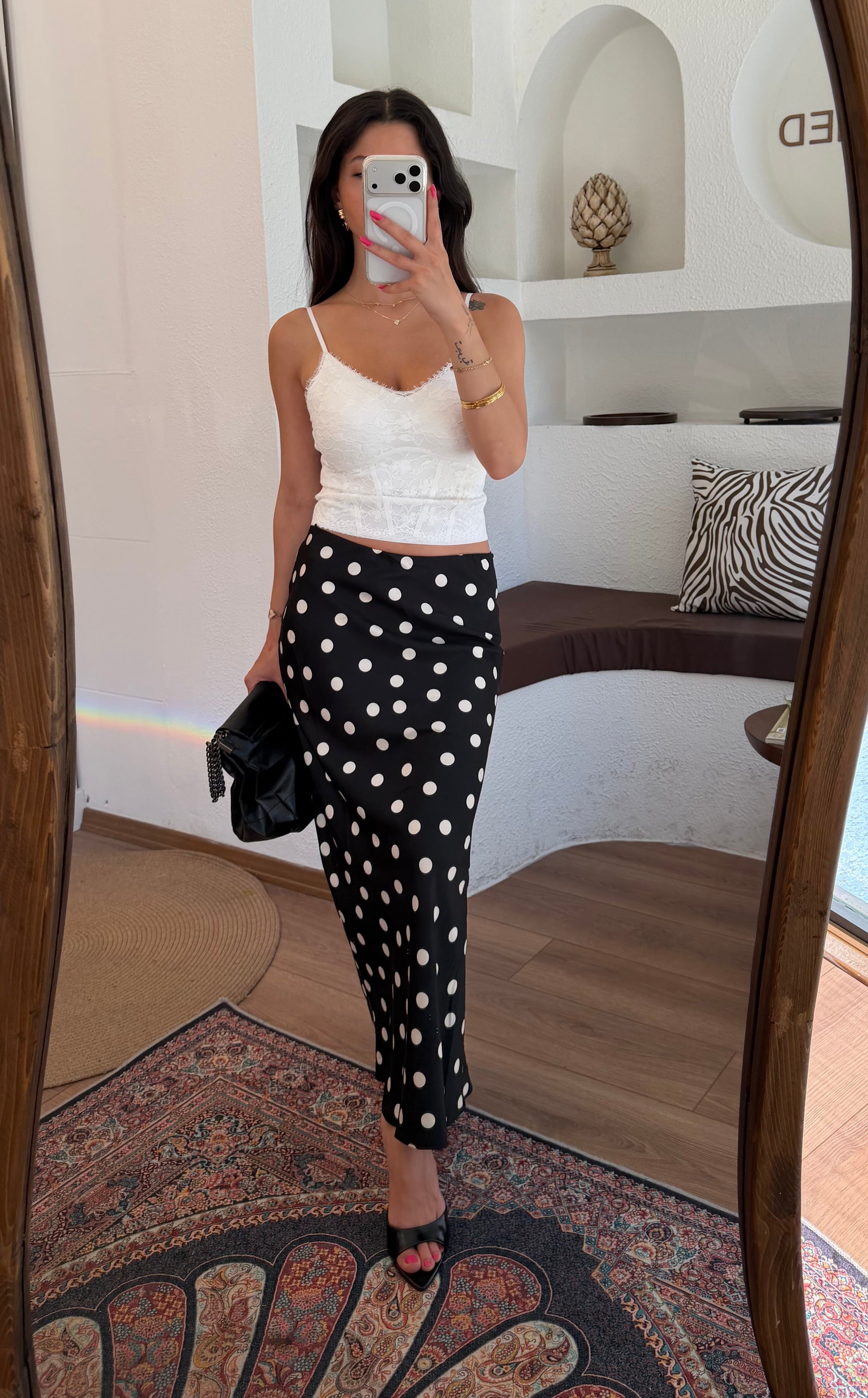 Puantiye siyah-beyaz maxi etek