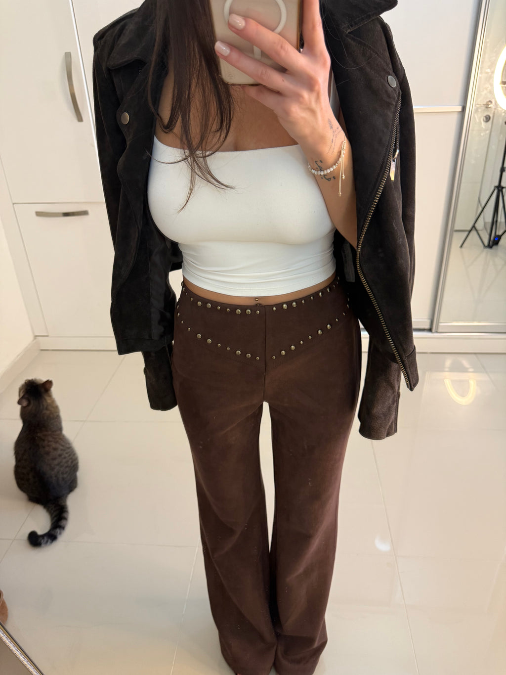 Zr zımbalı süet deri pantolon