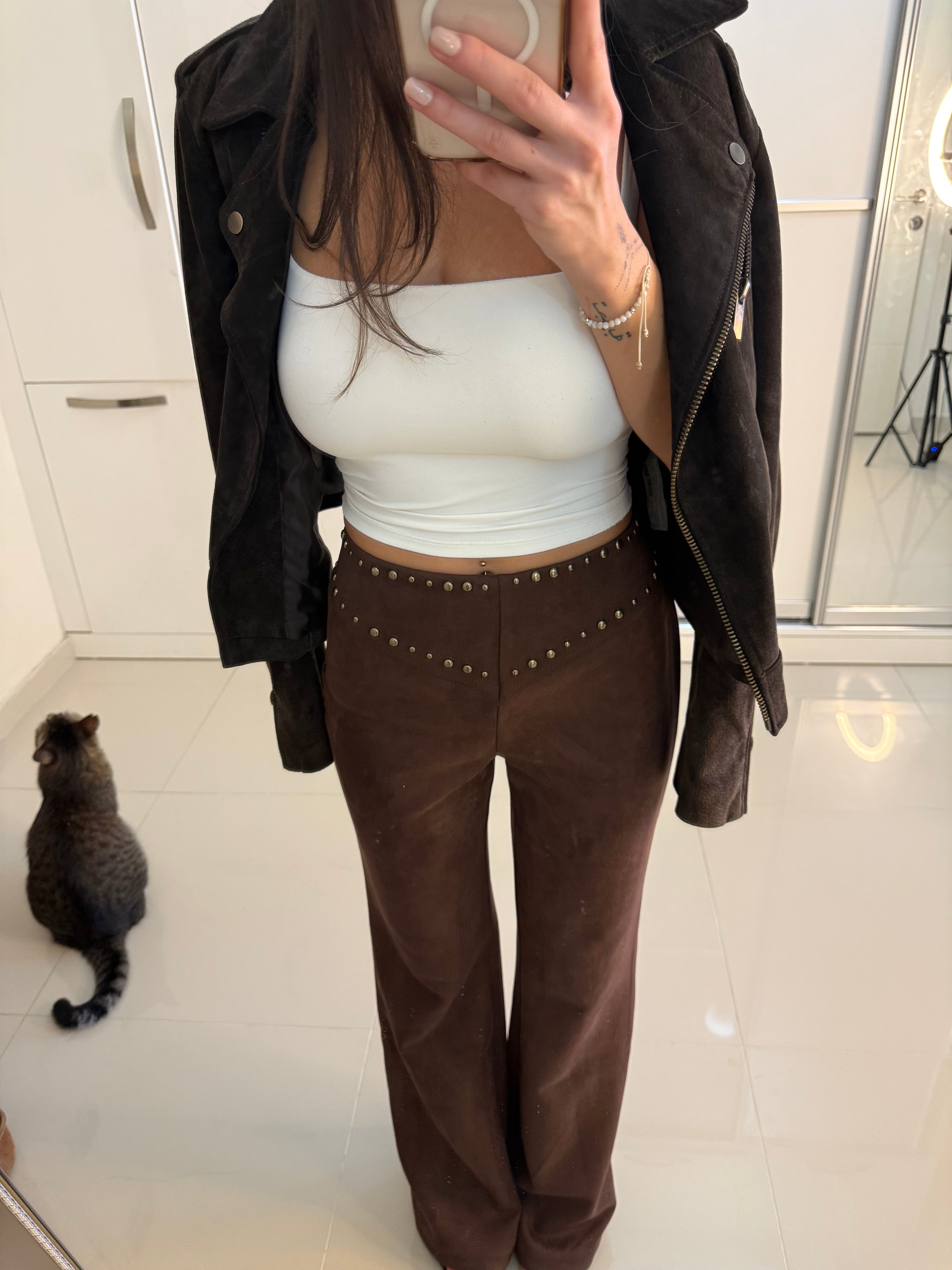 Zr zımbalı süet deri pantolon