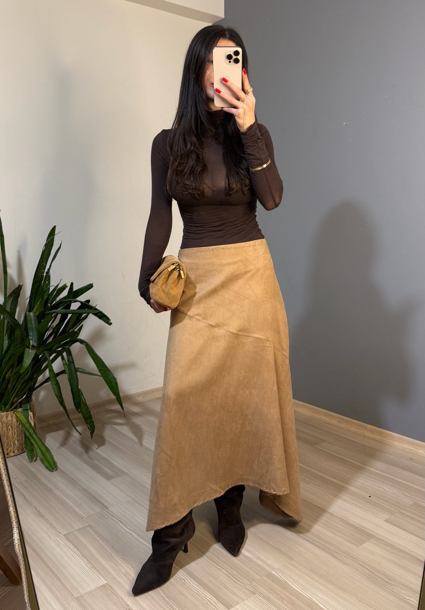 Kum kahve a-kesim midi süet etek