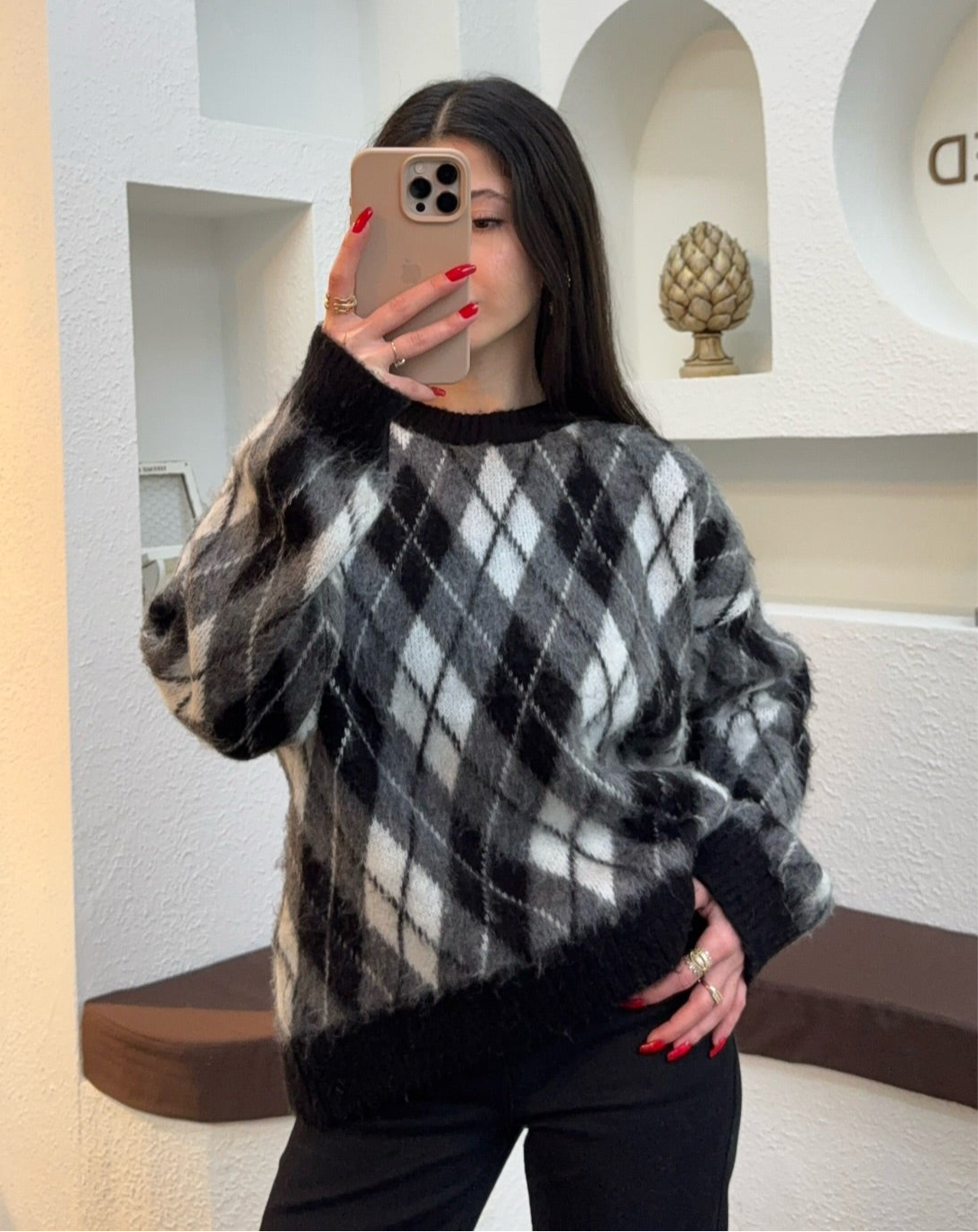 Baklava desenli siyah-gri kazak