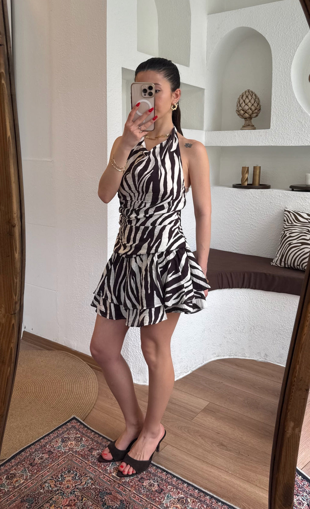Zebra desen sırt dekolte elbise