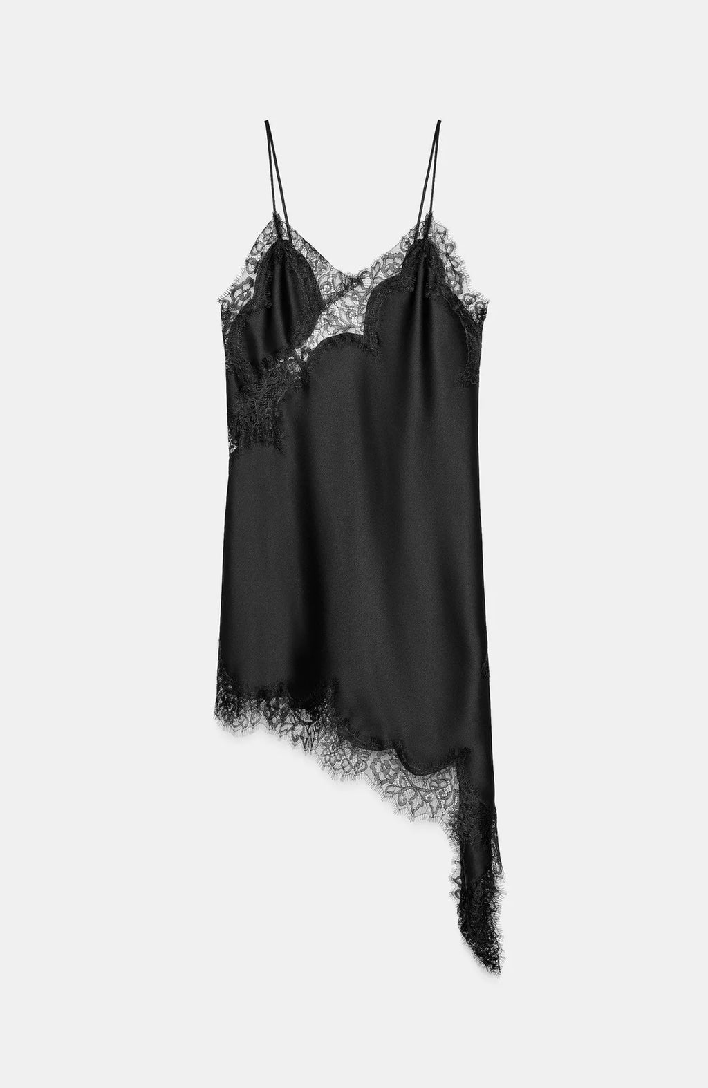 Asimetrik siyah dantel elbise