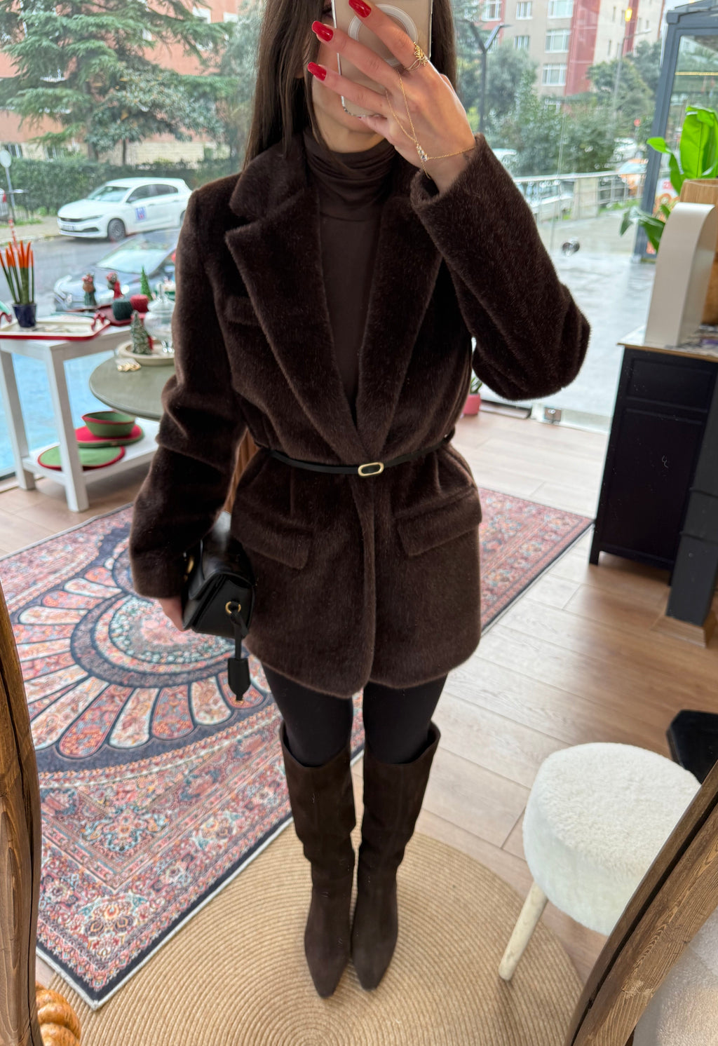 Kırçıl kemerli acı kahve ceket