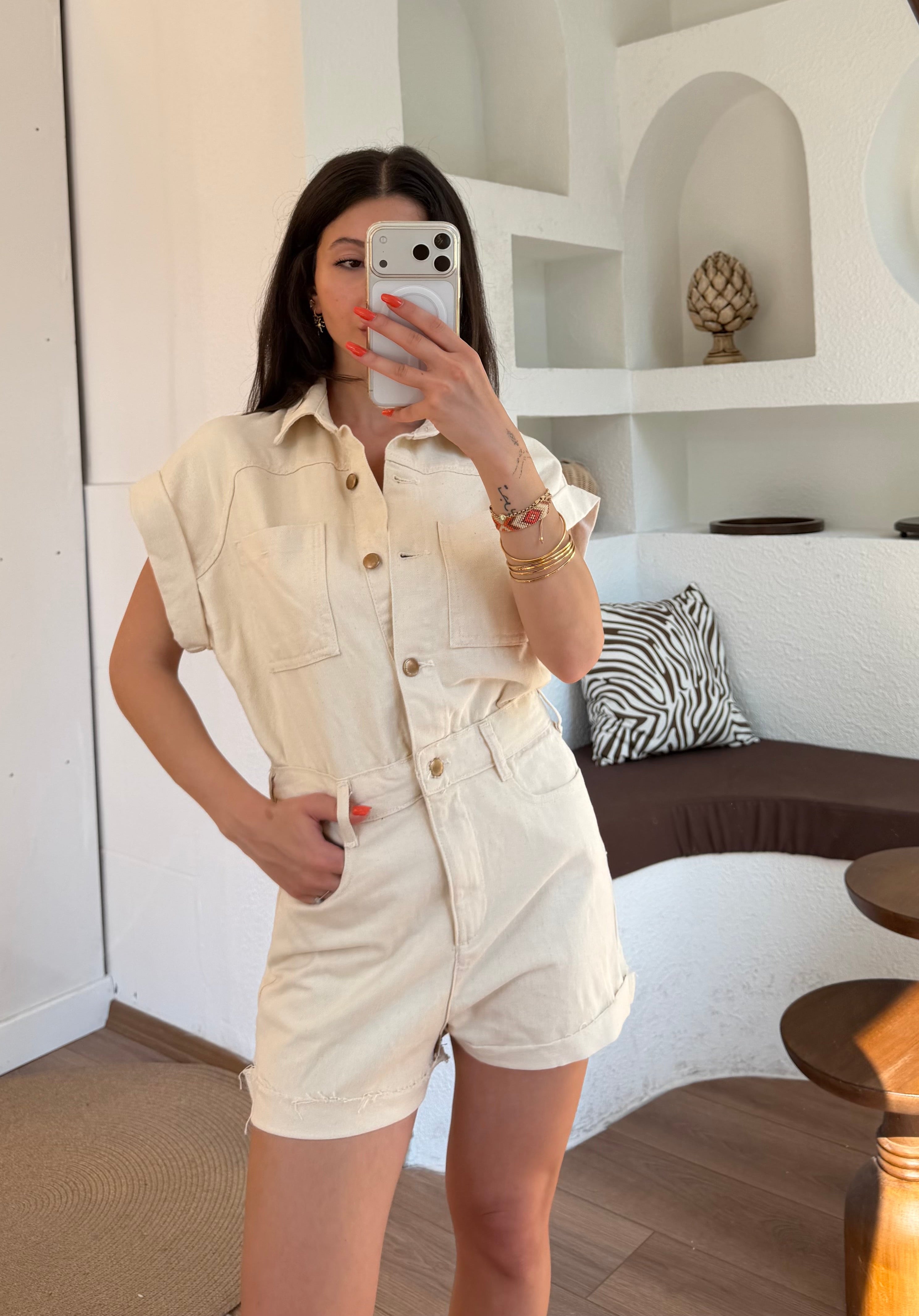 Zra denim şort tulum