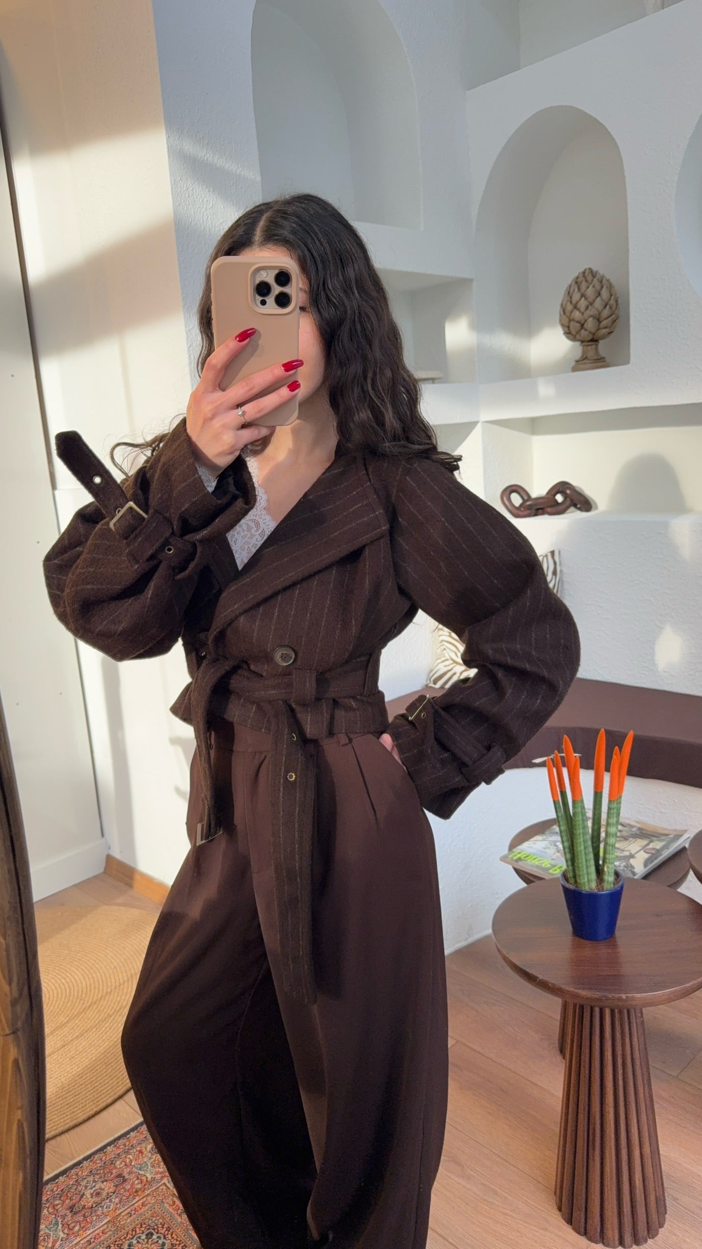 Kaşe kemerli crop ceket