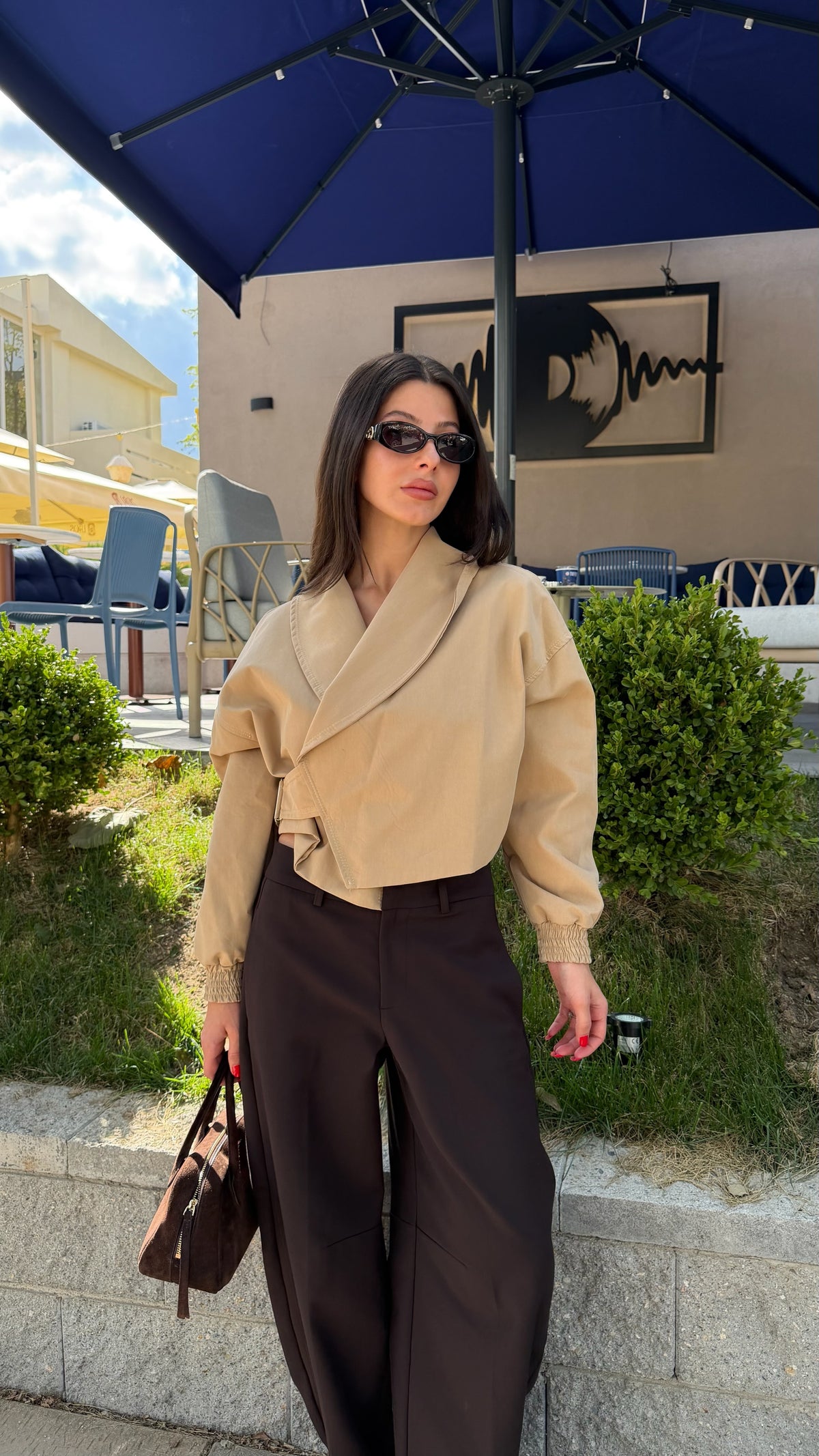 Kruvaze crop trenç ceket-camel