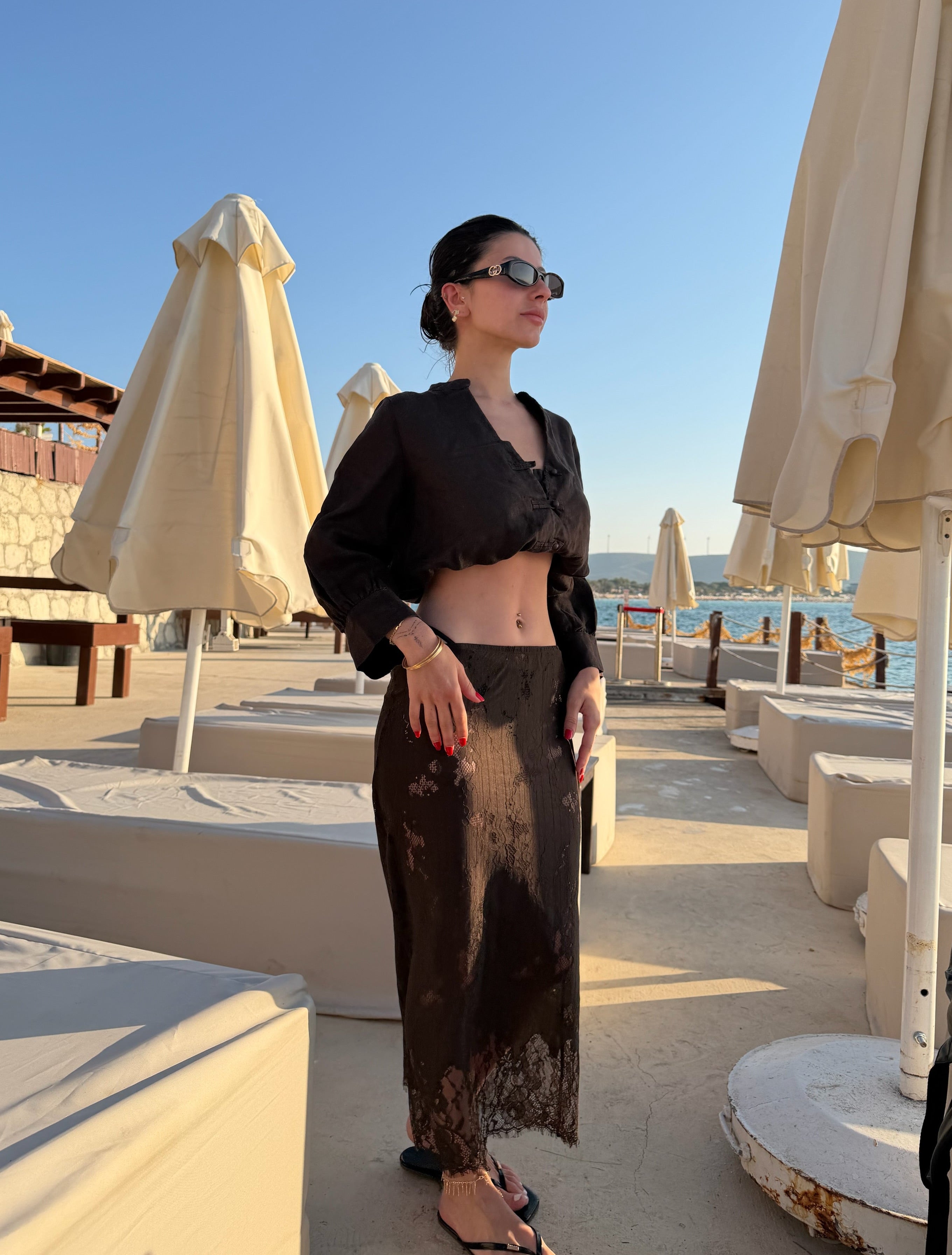 Dantel acı kahve beachwear etek