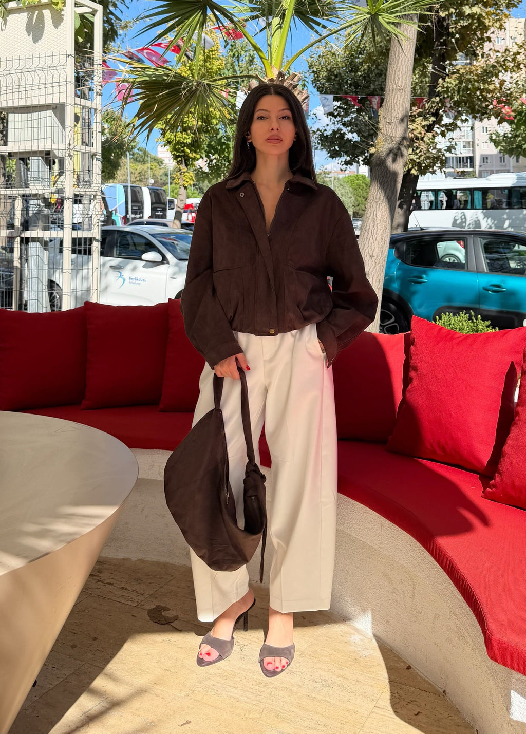 Kahve Süet Ceket Ve Çanta Takım