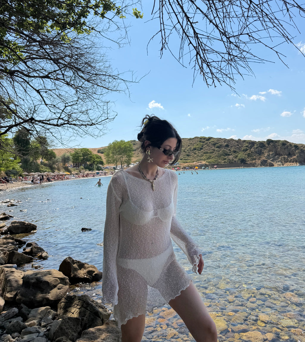 Triko beyaz beachwear elbise