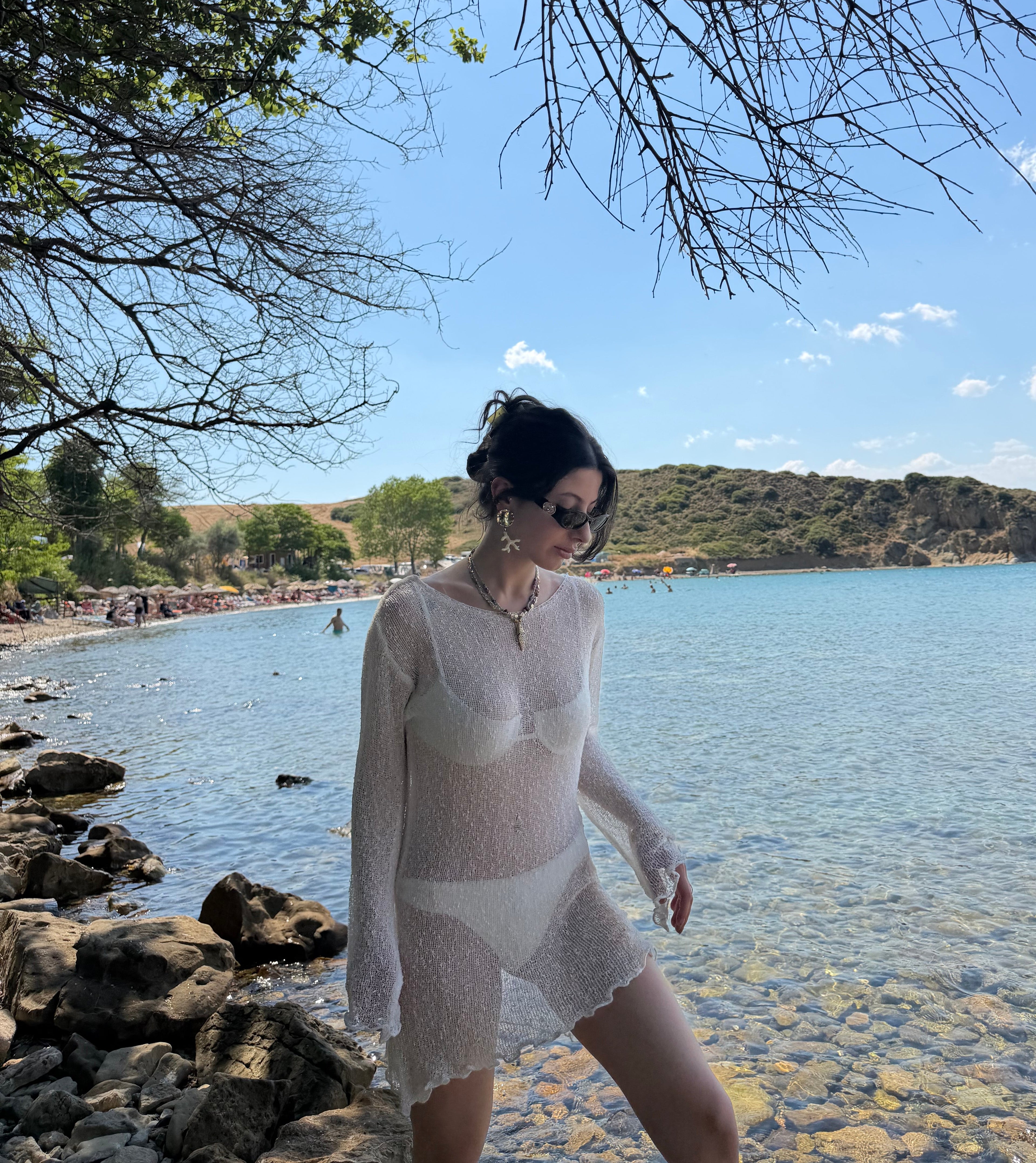 Triko beyaz beachwear elbise