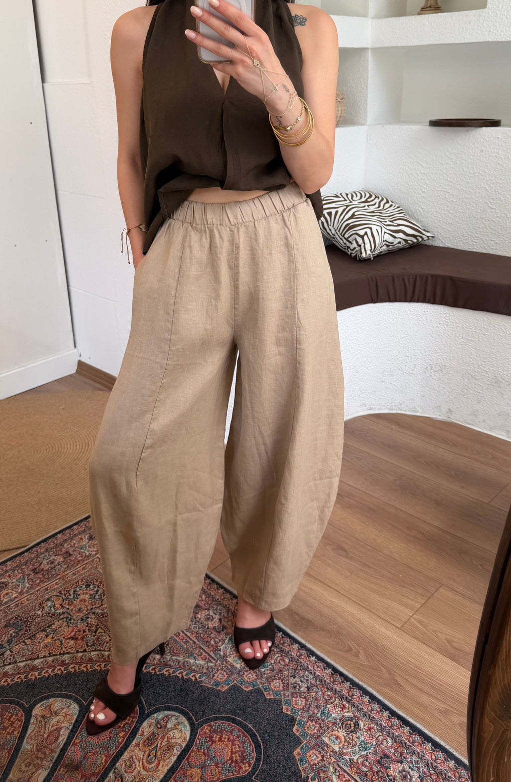 %100 keten barrel-leg pantolon-bej