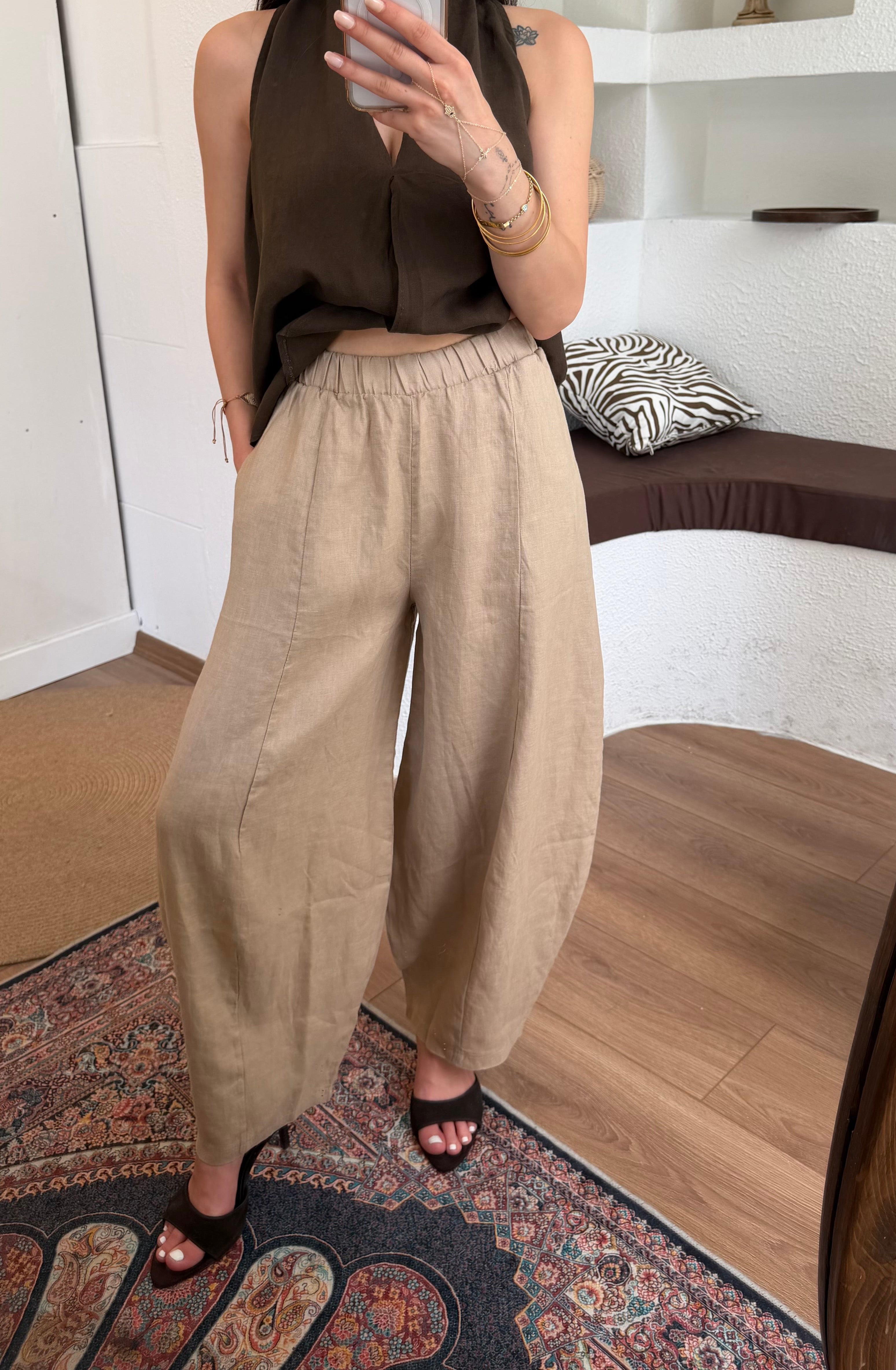 %100 keten barrel-leg pantolon-bej