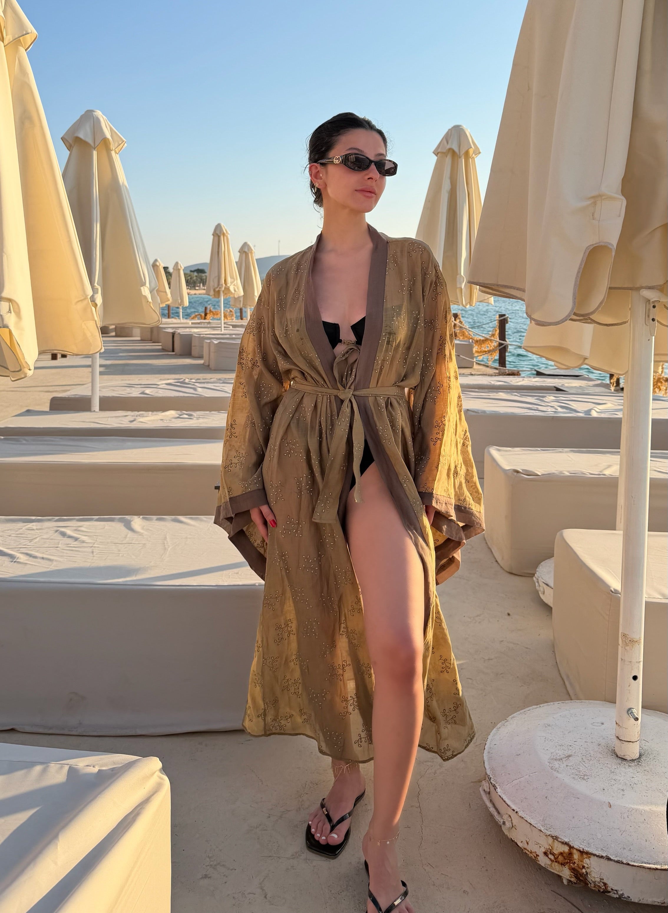 Kuşaklı işleme kimono-haki