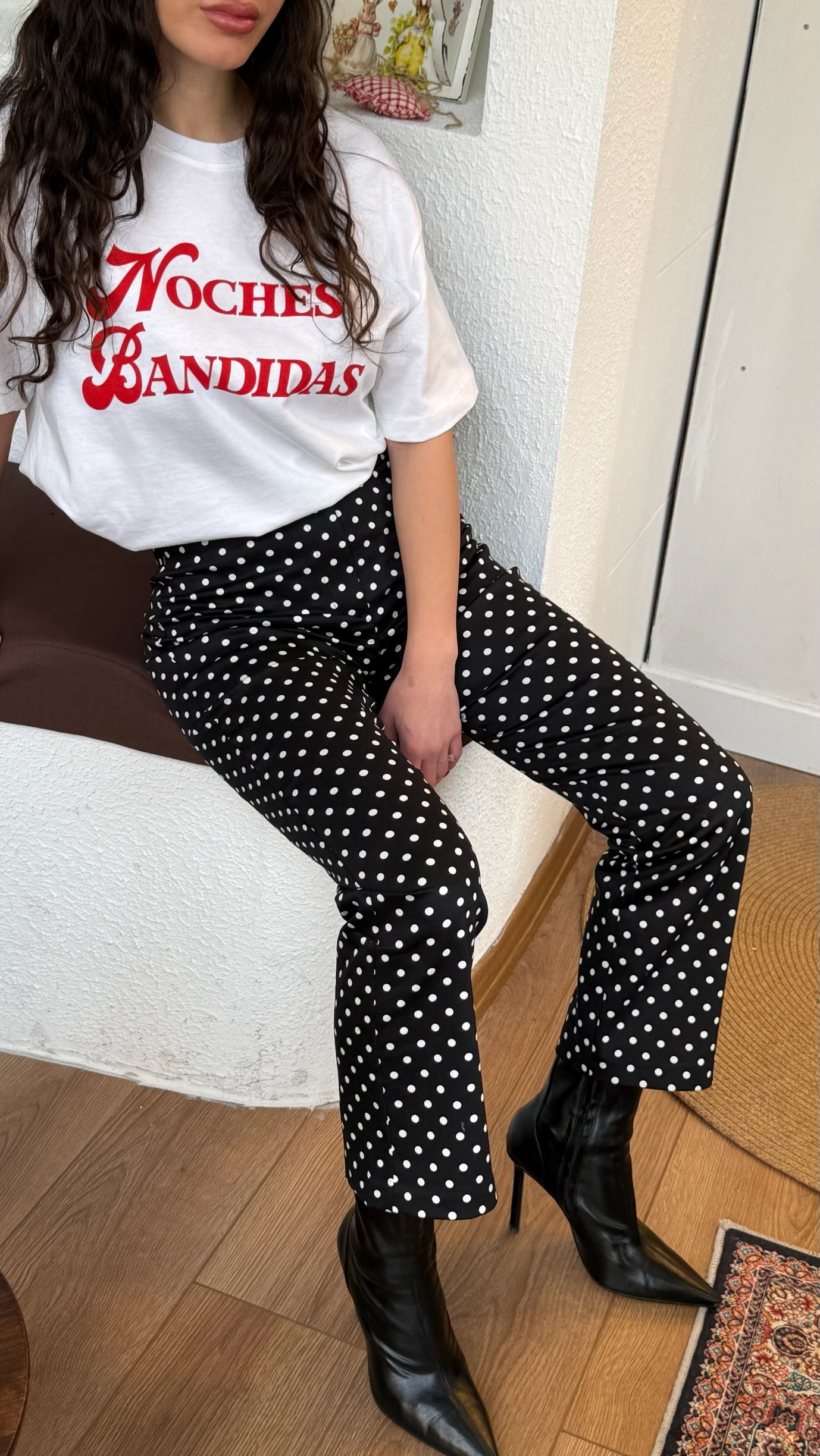 Puantiye siyah-beyaz pantolon