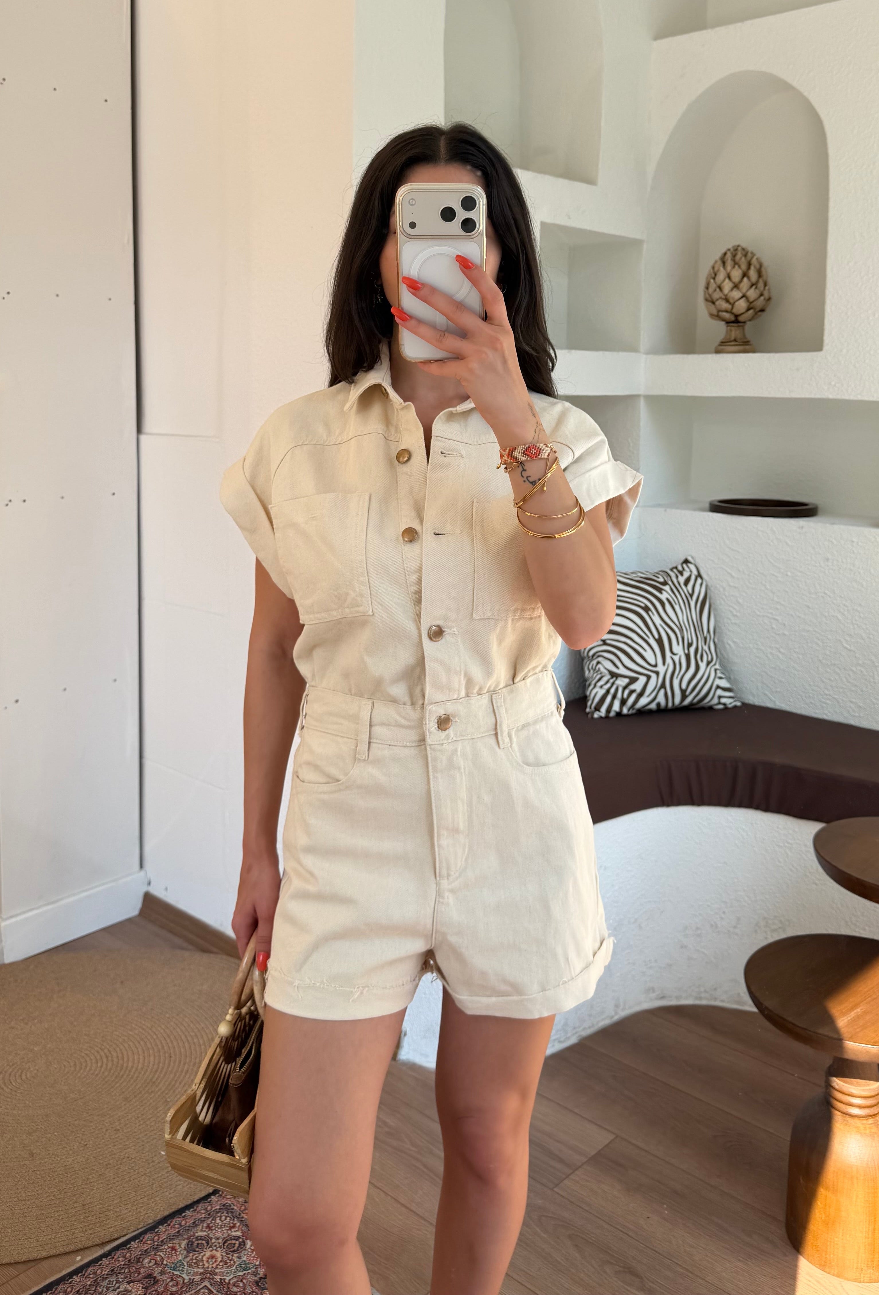 Zra denim şort tulum