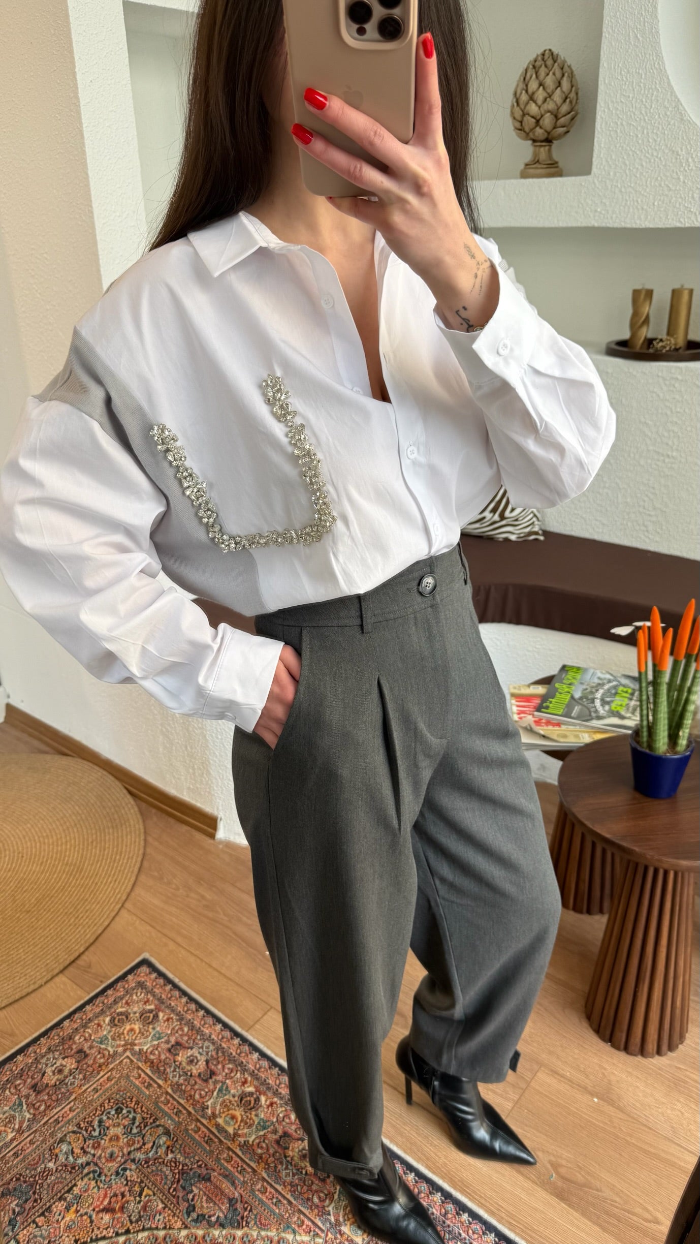 Twst model taşlı gri gömlek