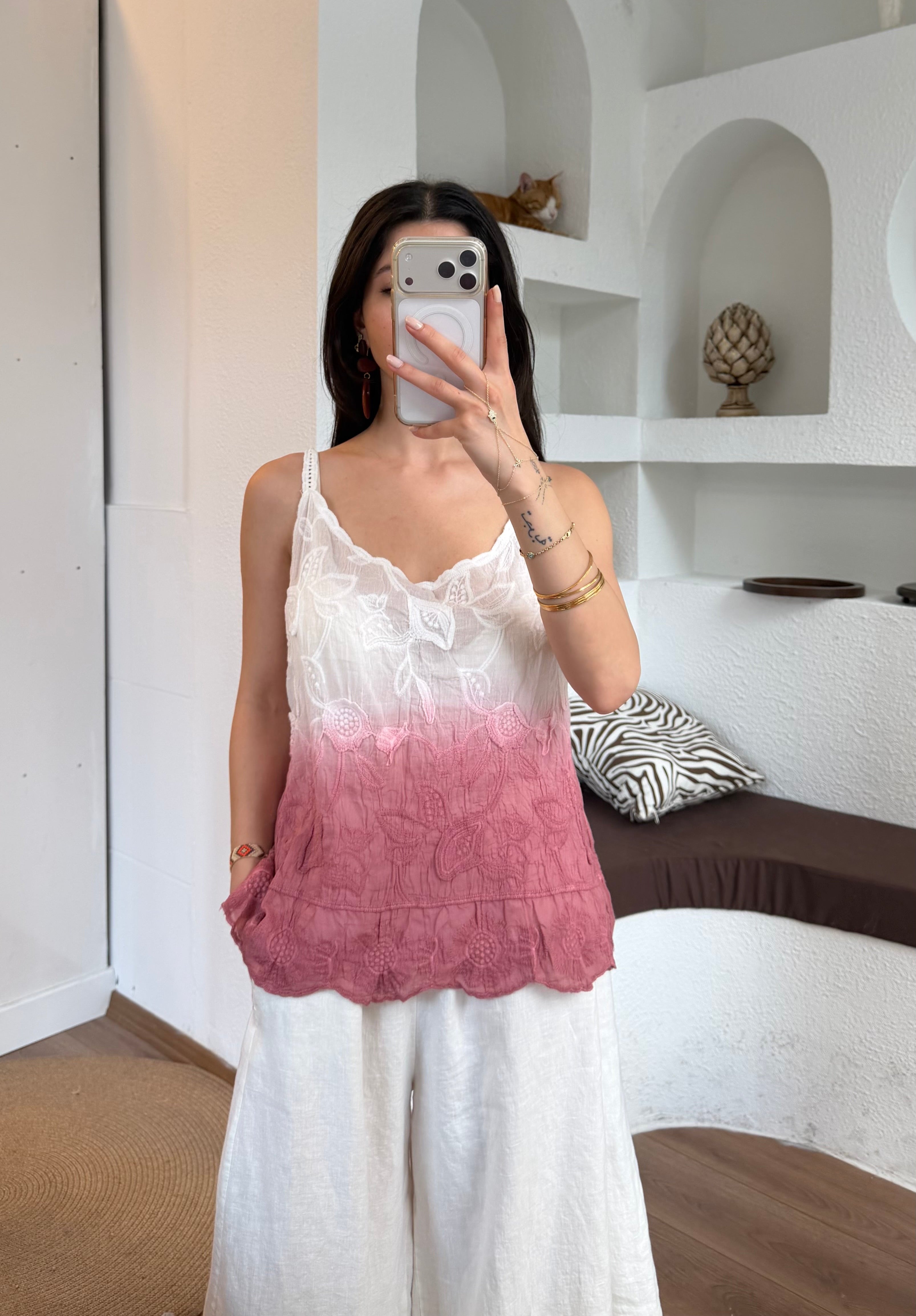 İthal desenli sıçratma pembe bluz
