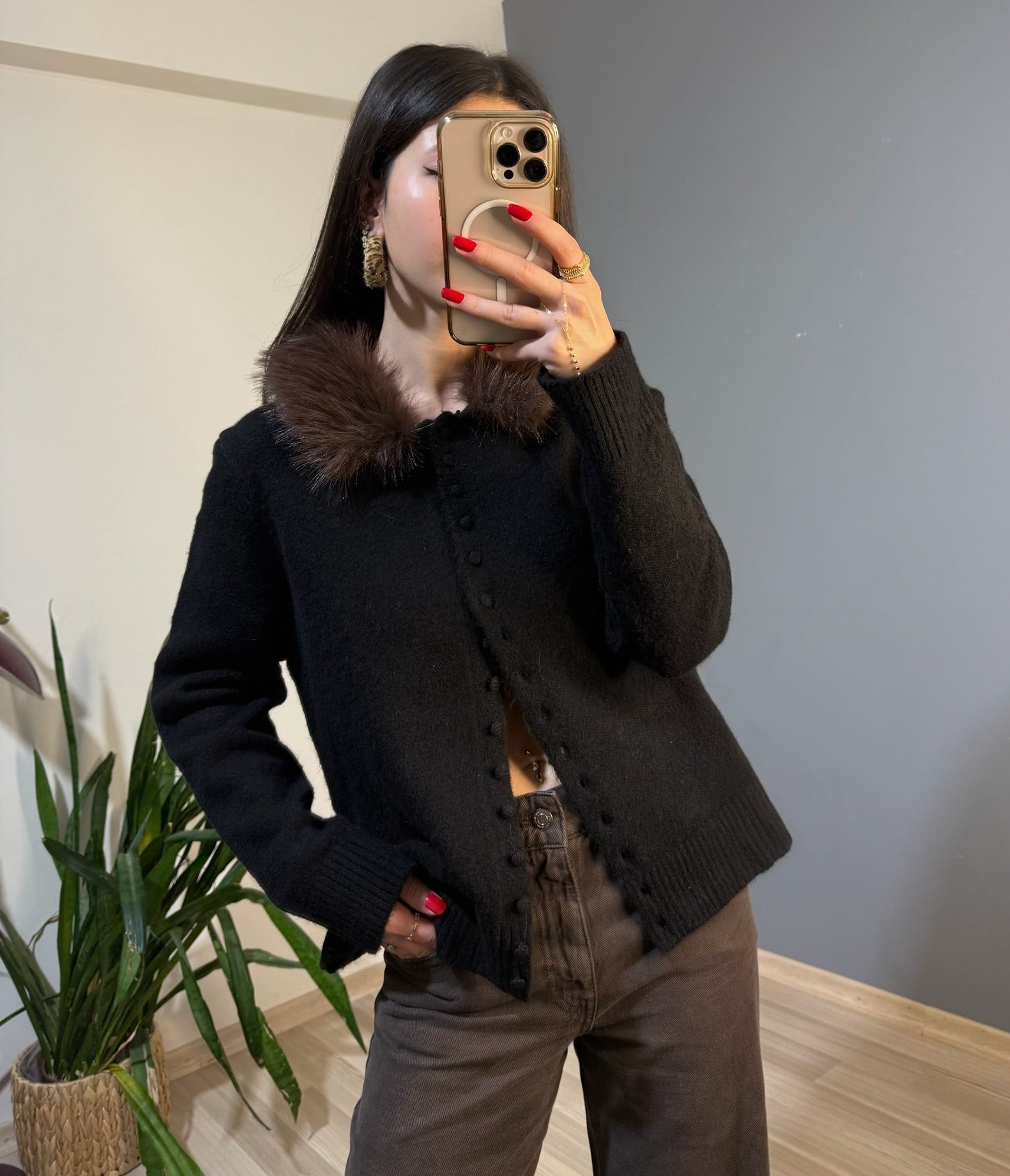 Kürk yakalı triko hırka