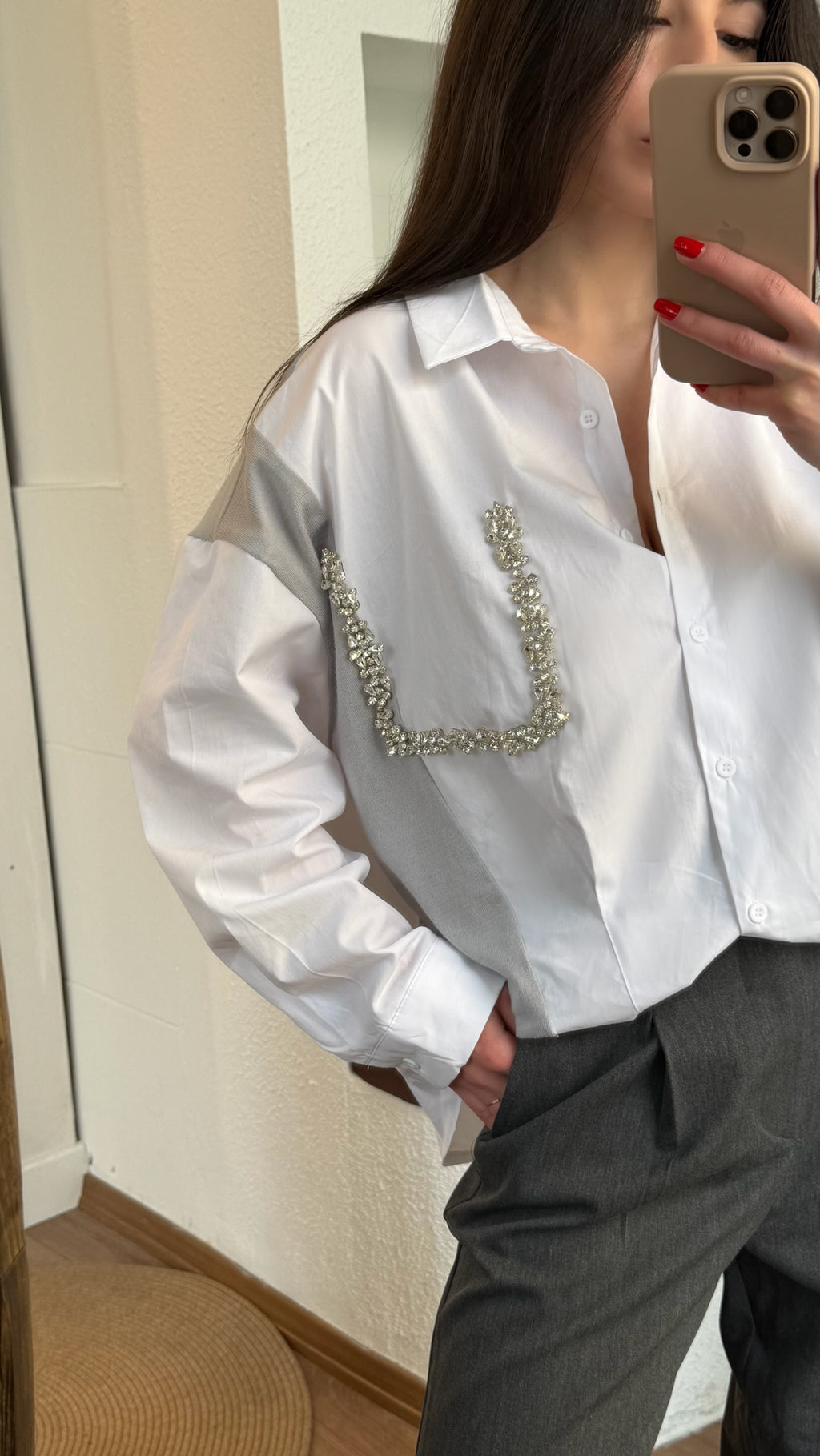Twst model taşlı gri gömlek