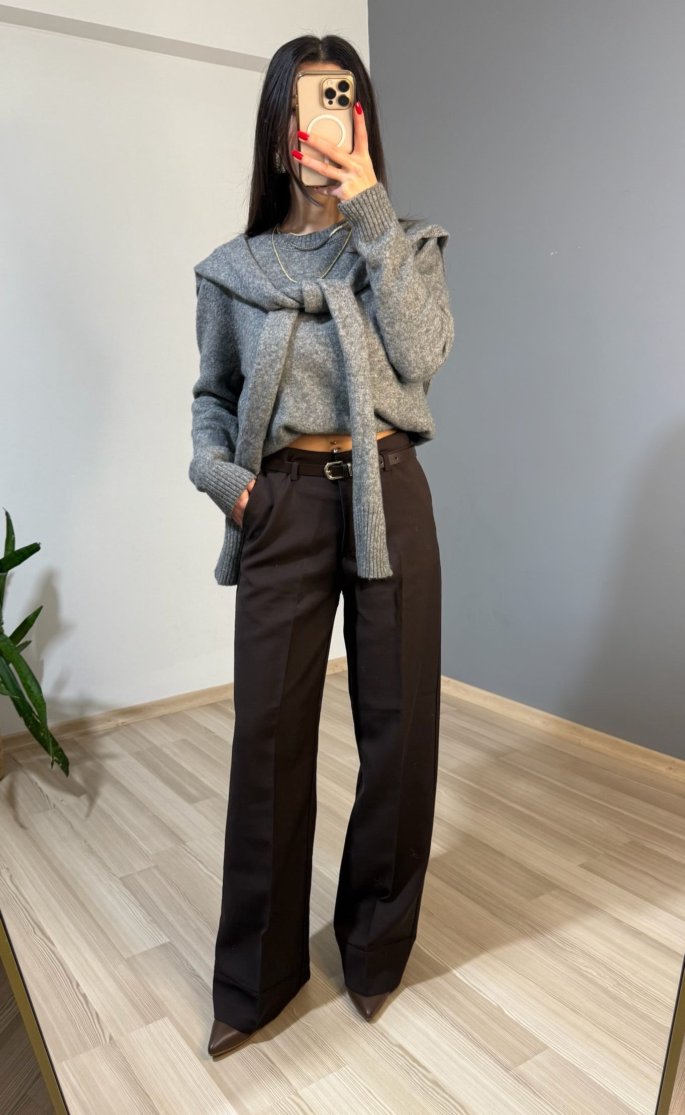 Kemerli acı kahve kumaş pantolon