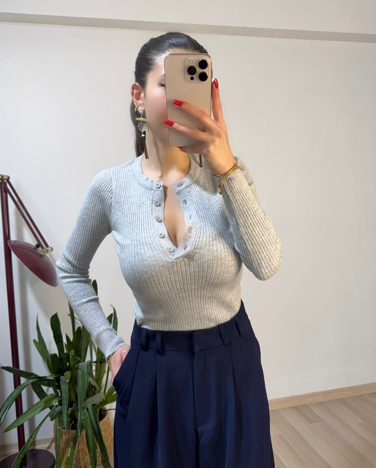 Pamuklu fit gri fitilli bluz