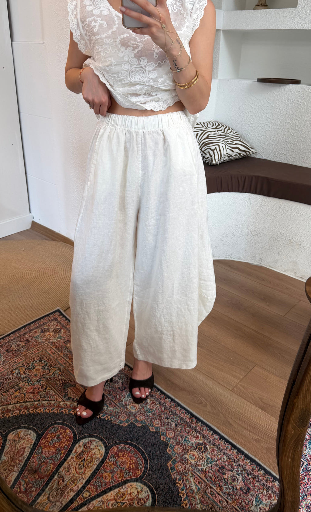 %100 keten şalvar-barrel leg pantolon-beyaz