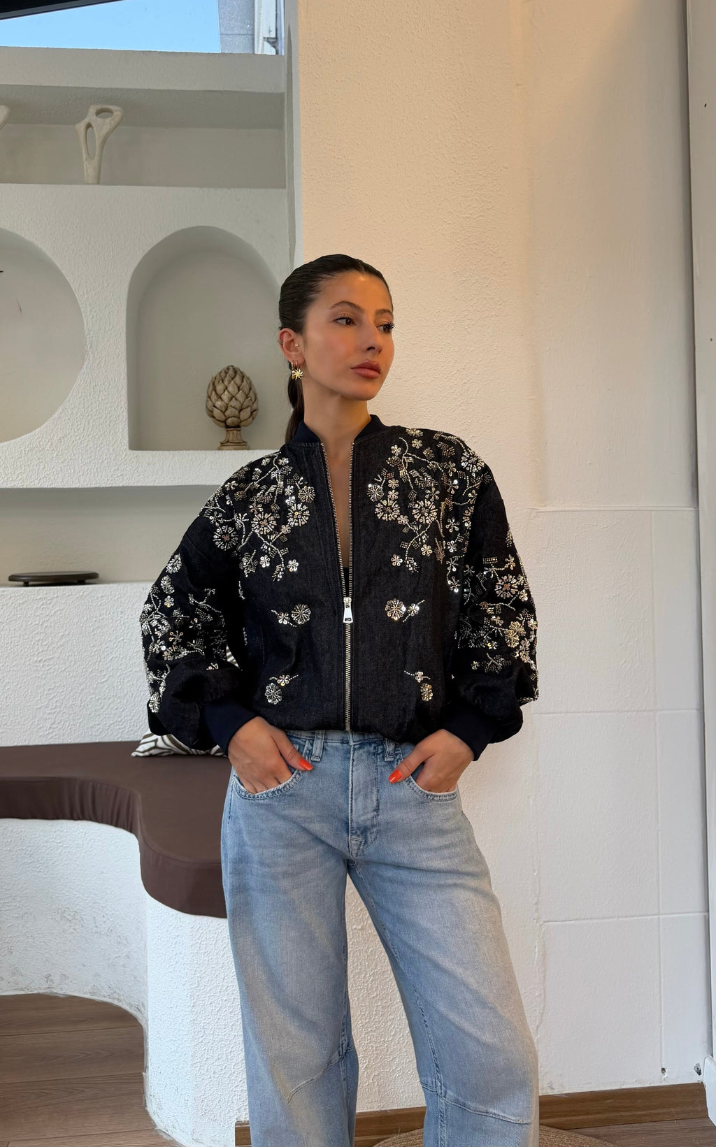İşlemeli ithal ceket-Denim