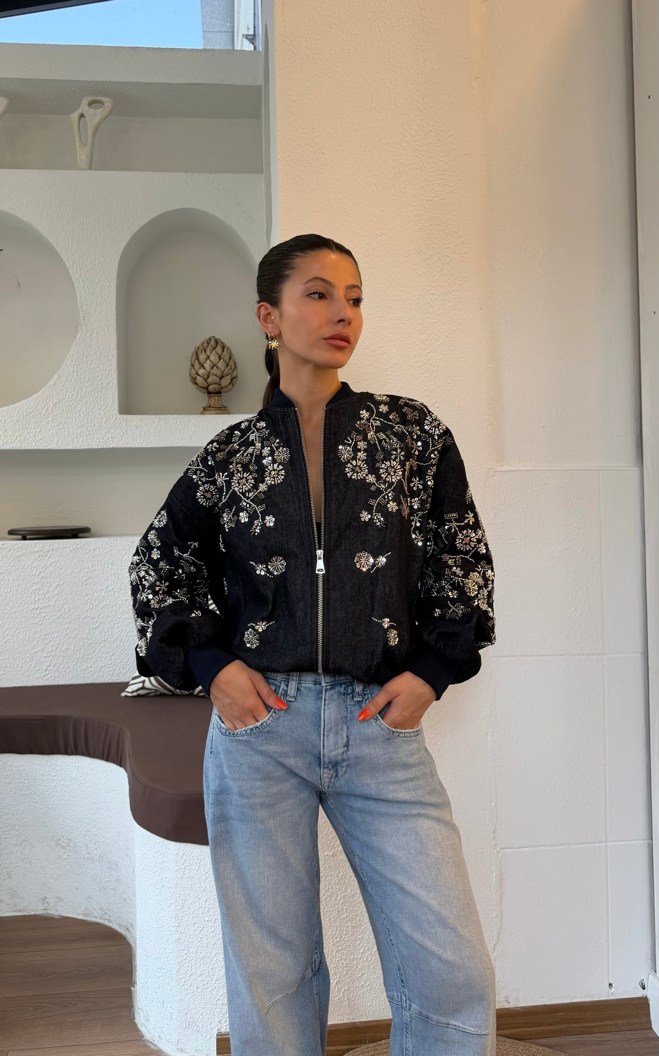 İşlemeli ithal ceket-Denim