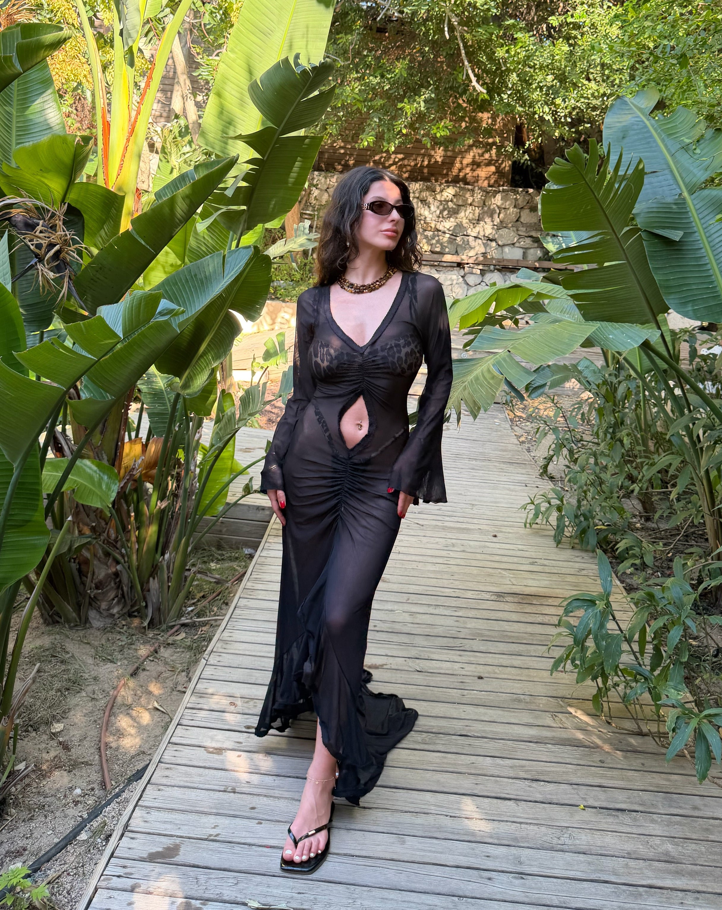 Black transparan kesim maxi beachwear elbise