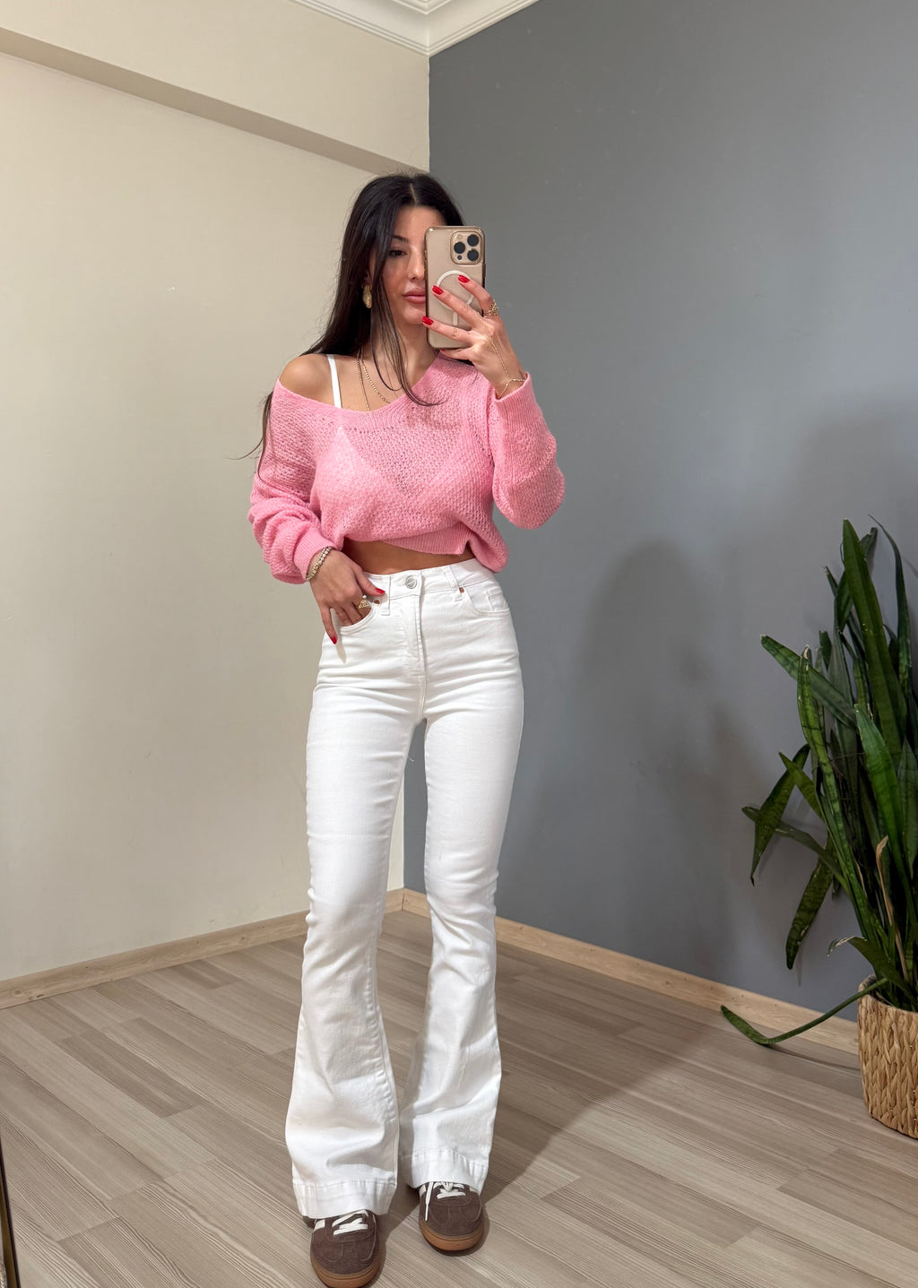 Flare model likralı beyaz jean