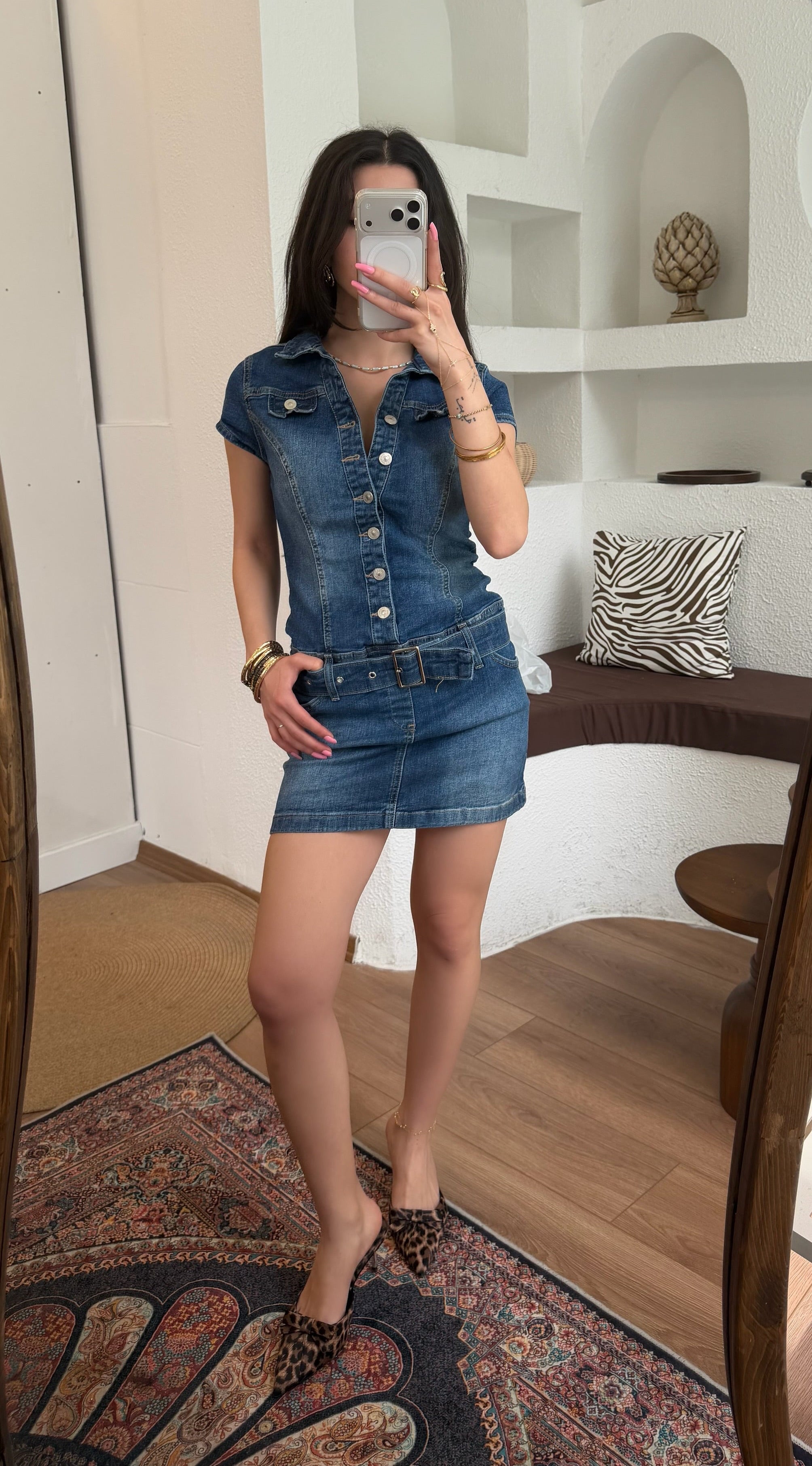 Denim kemerli elbise