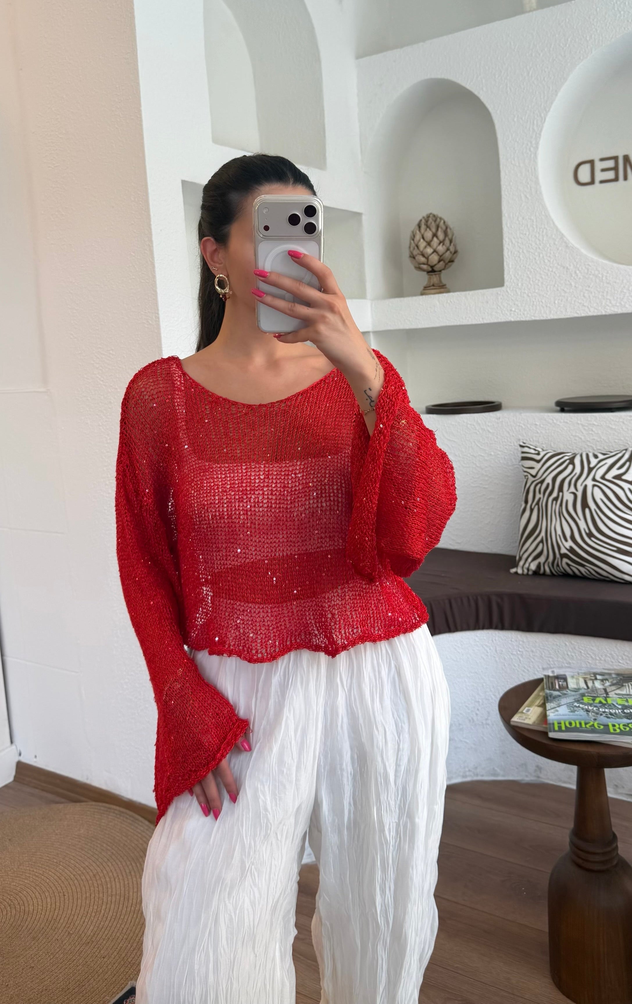 Pul detaylı kırmızı triko