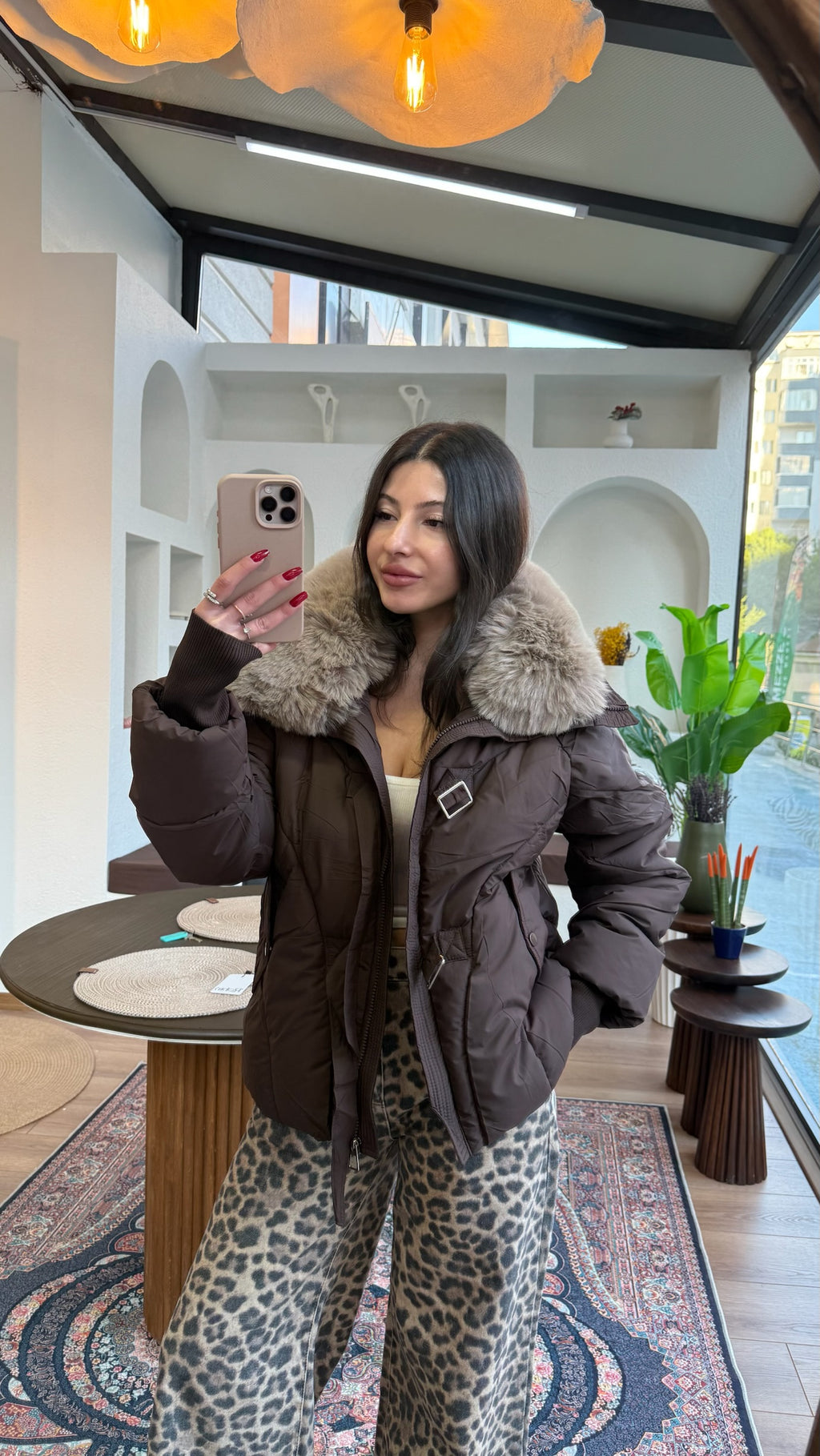 Kahve yaka kürk ithal mont