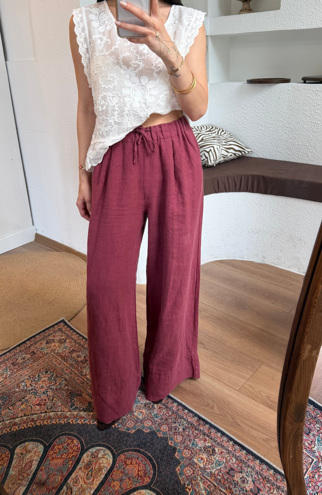 %100 ham keten pantolon-şarap bordosu
