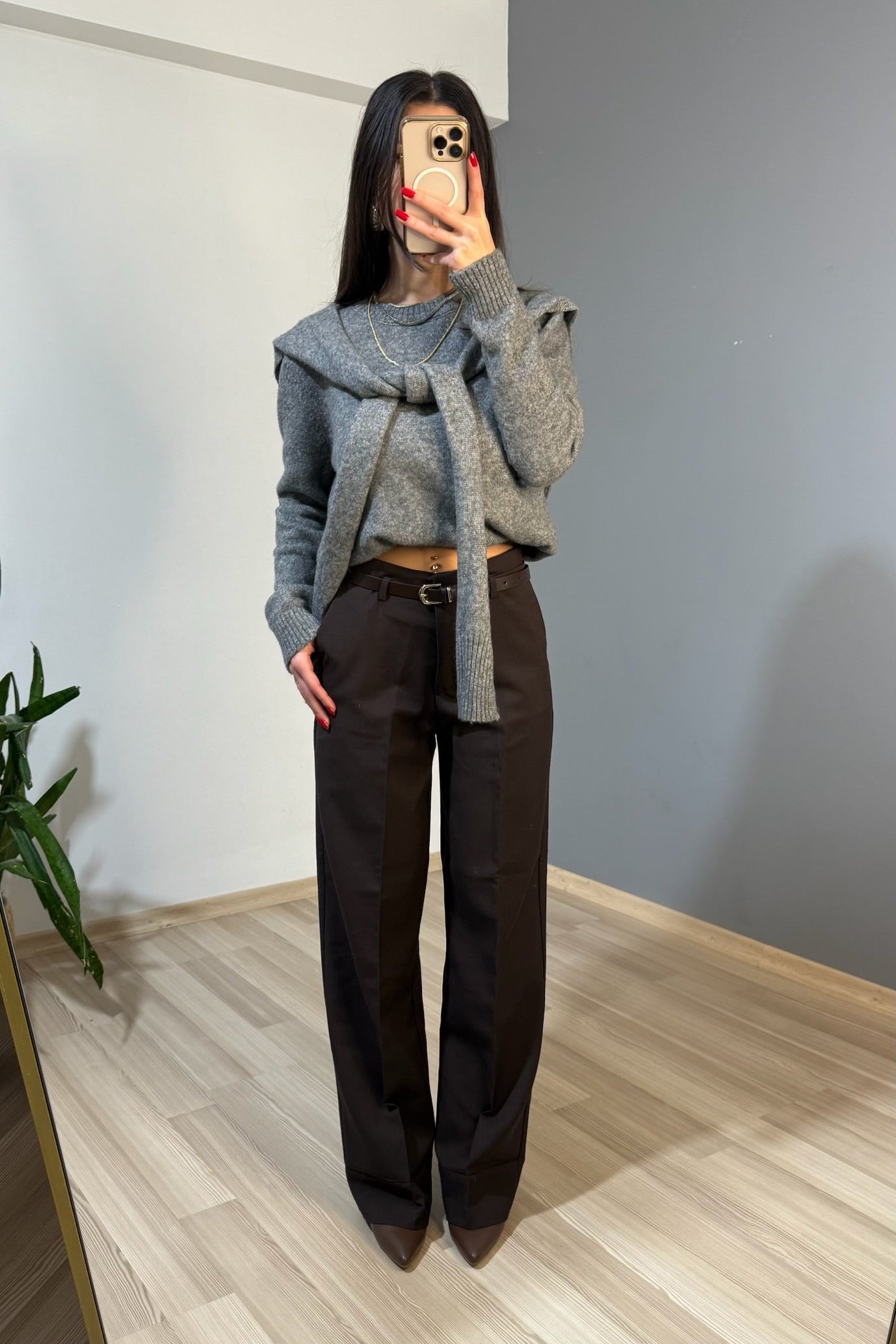 Kemerli acı kahve kumaş pantolon