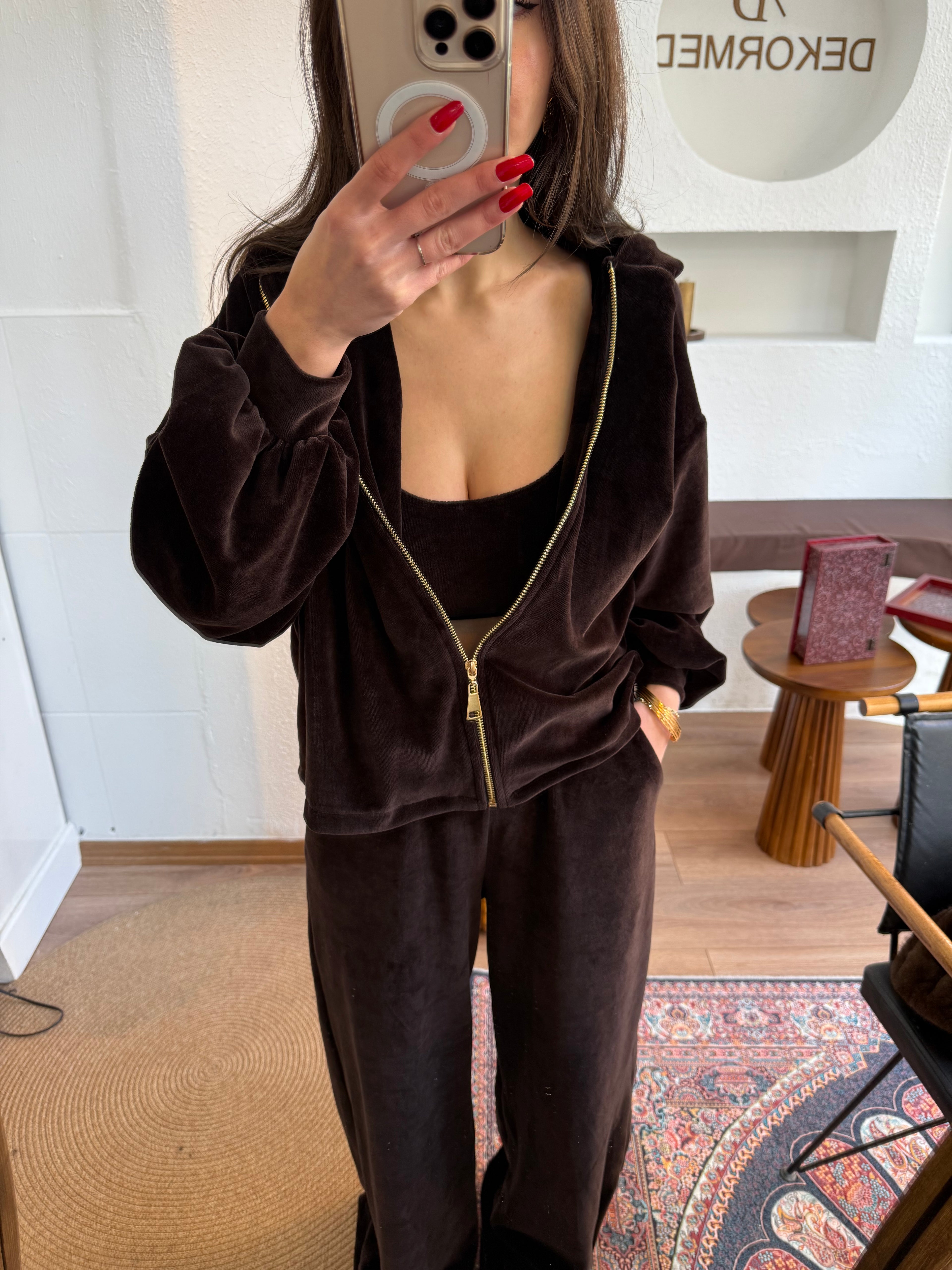 Acı kahve kadife 3lü takım