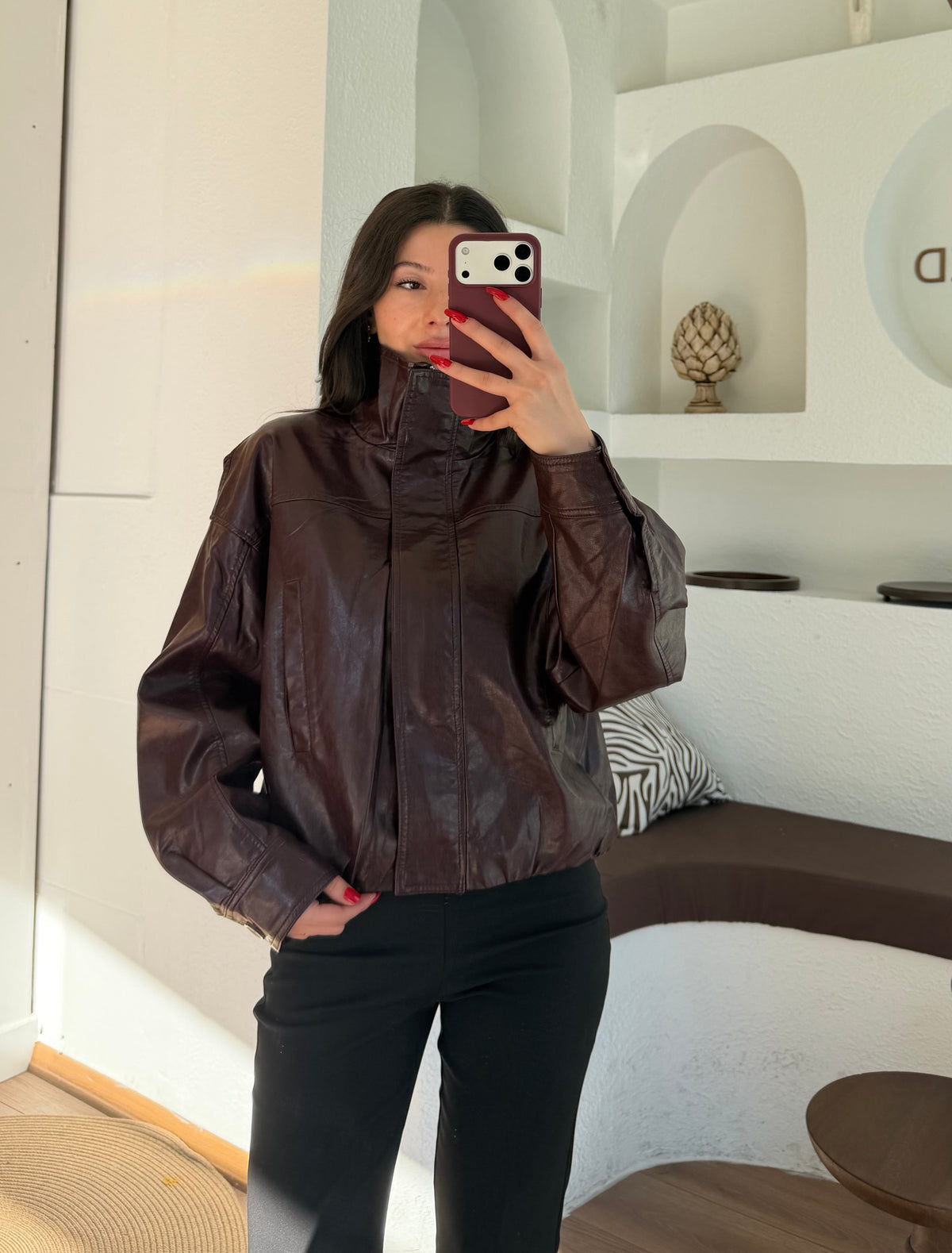 Dik yaka deri ceket-bordo