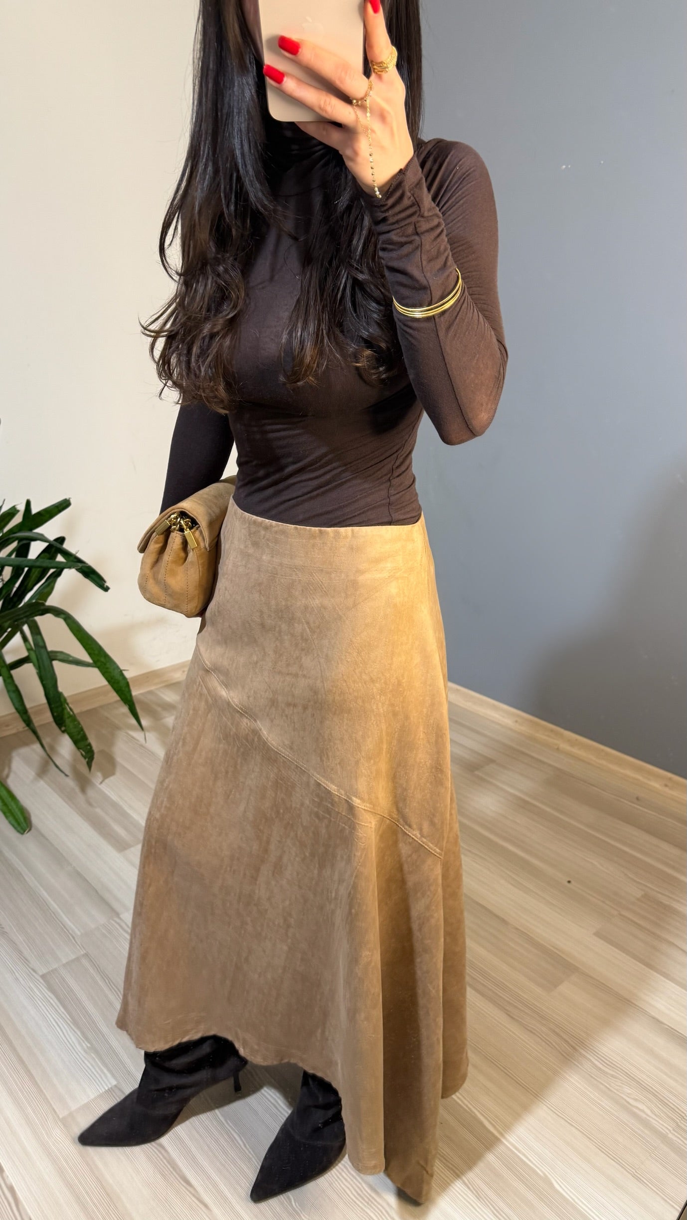 Kum kahve a-kesim midi süet etek