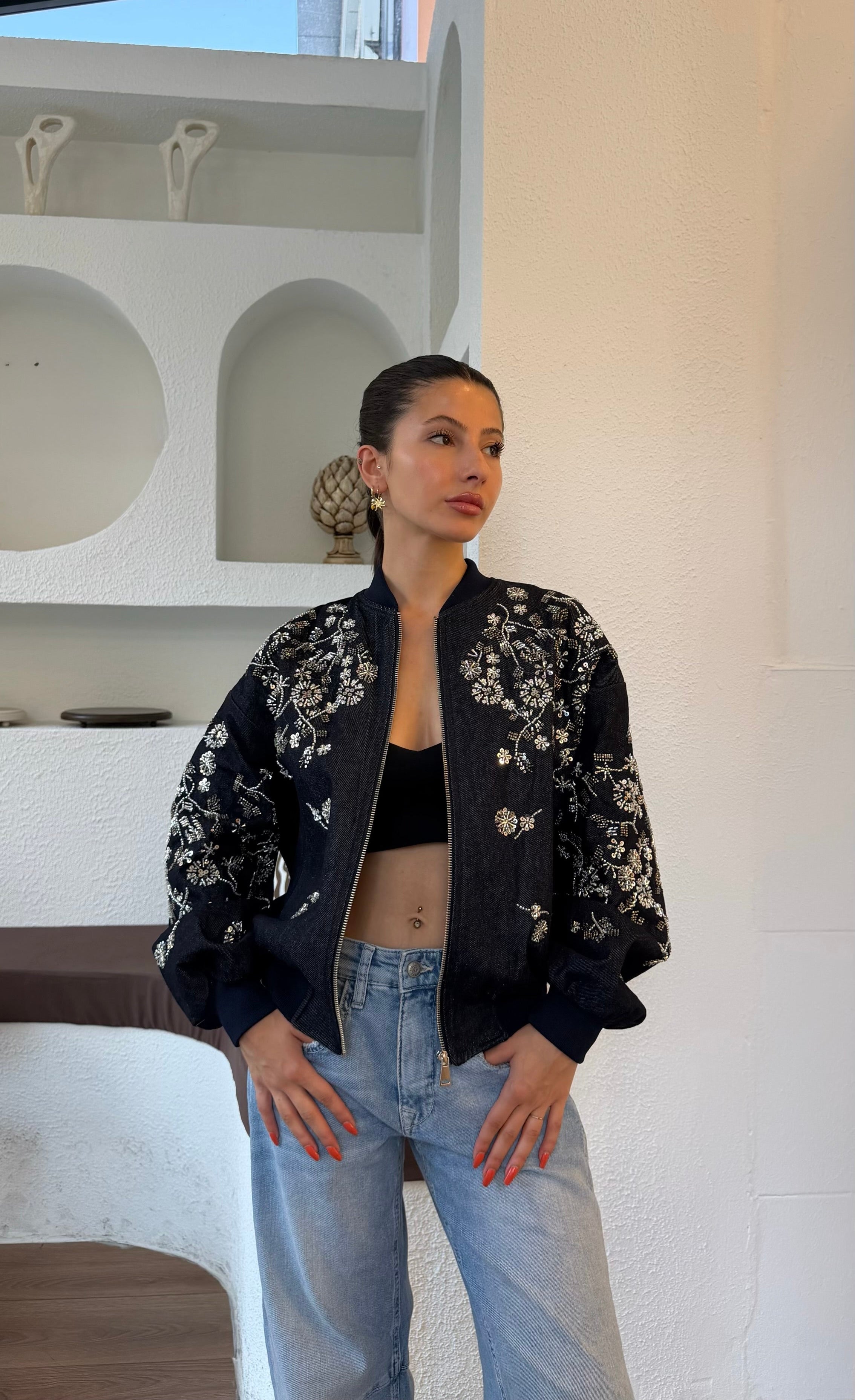 İşlemeli ithal ceket-Denim