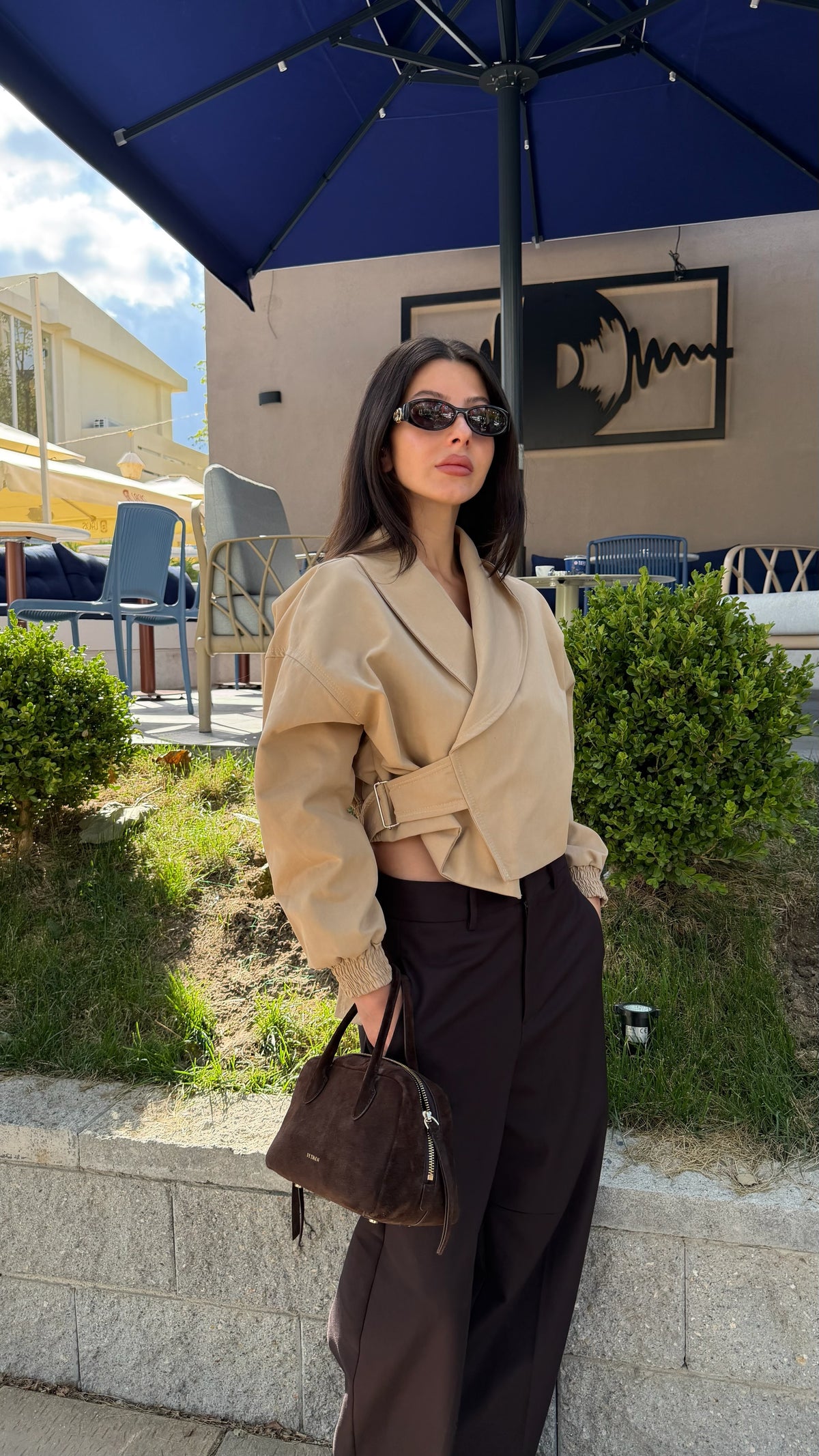 Kruvaze crop trenç ceket-camel