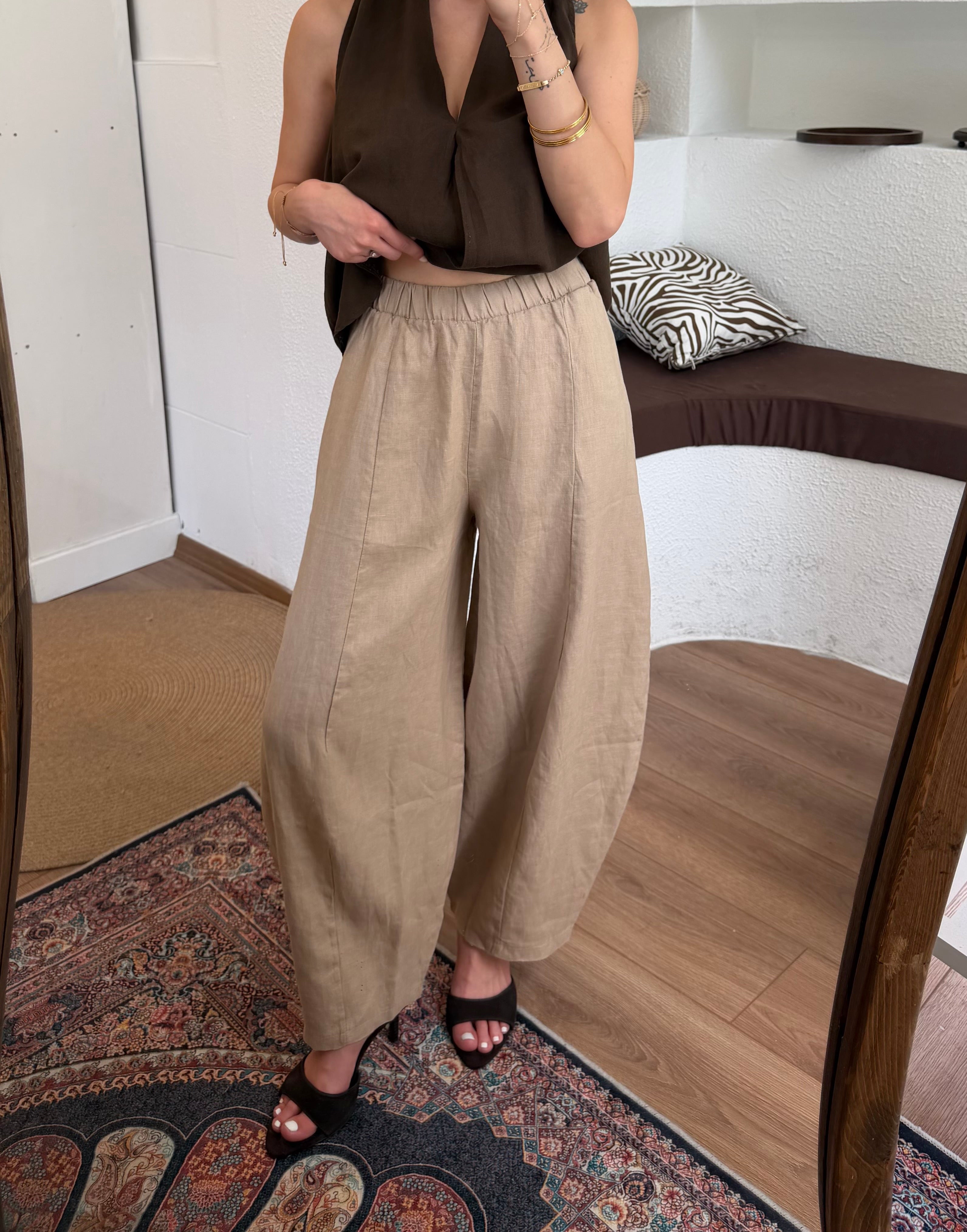 %100 keten barrel-leg pantolon-bej