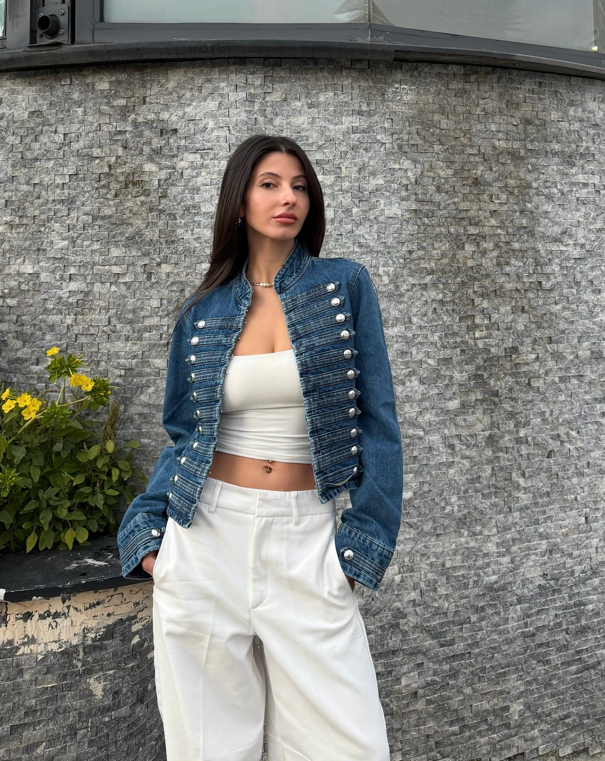 Napolyon düğmeli denim ceket